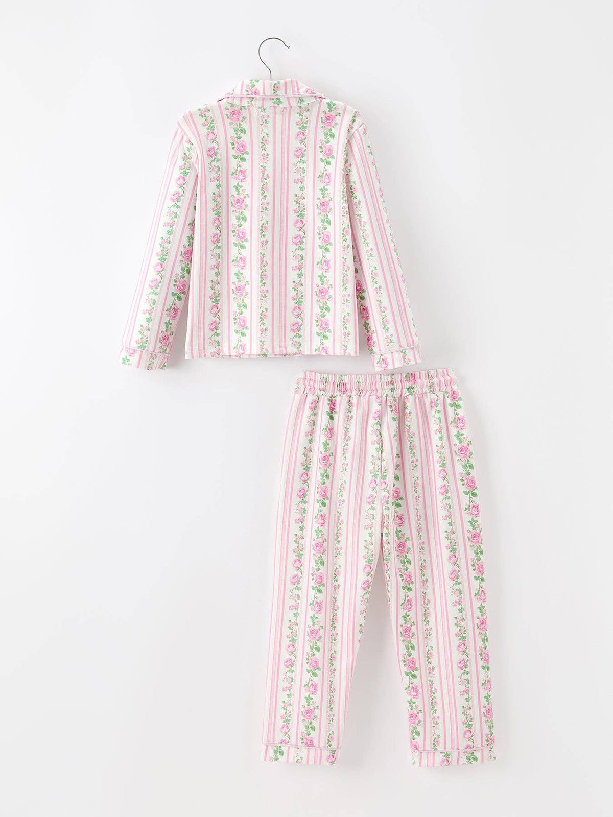 Pink Floral Girls Pajama Set Bow Tie Top Long Pants Sleepwear