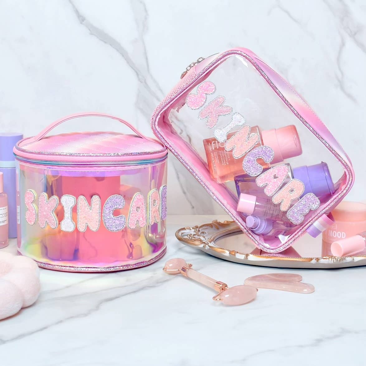 'Skincare' Glazed Clear Rounded Glam Bag