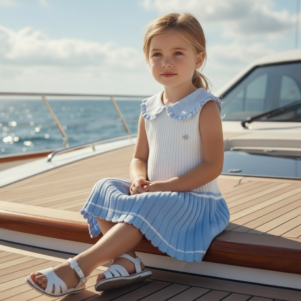 White & Blue Pleat Knit Dress