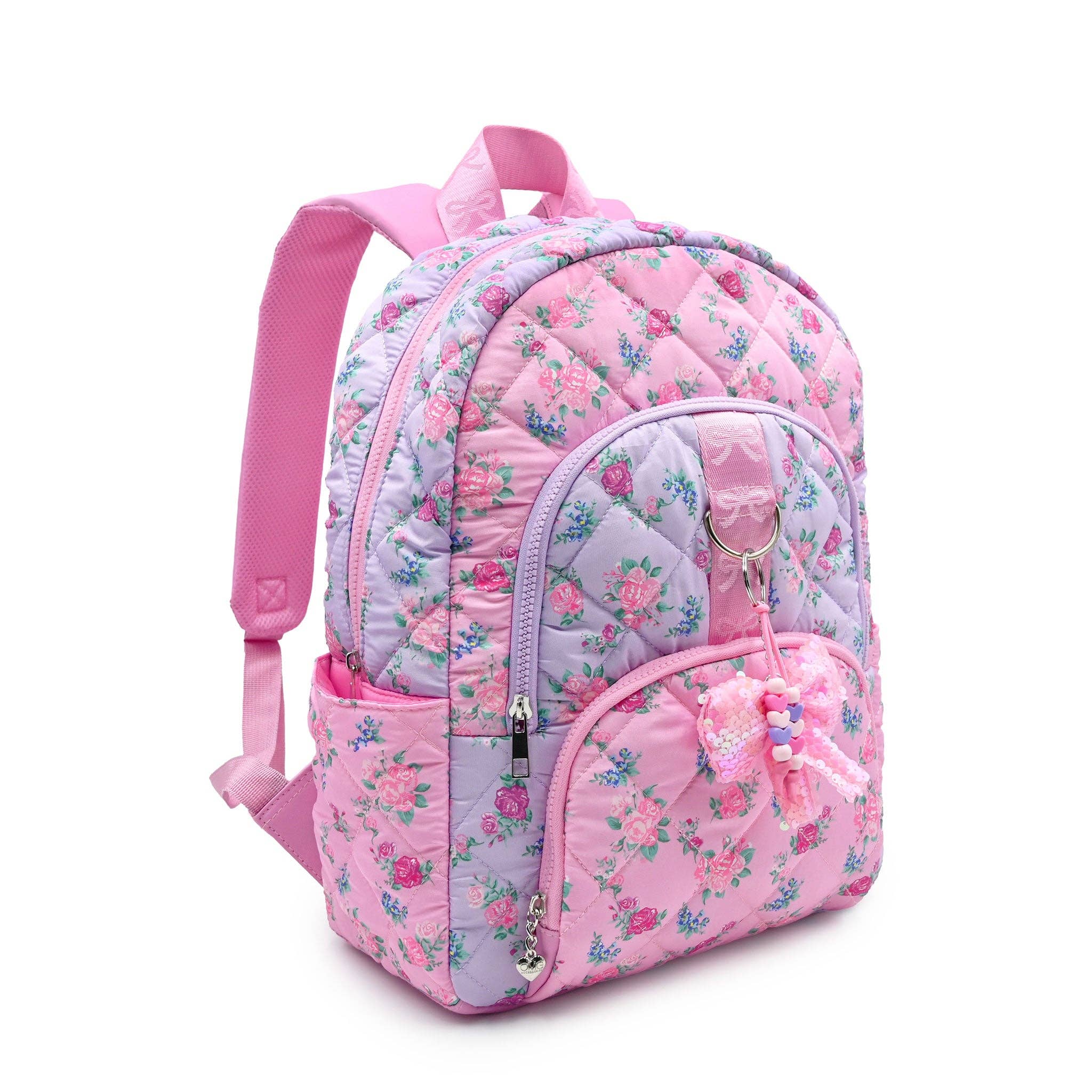 Floral Quilted Large Backpack With Bow Charm