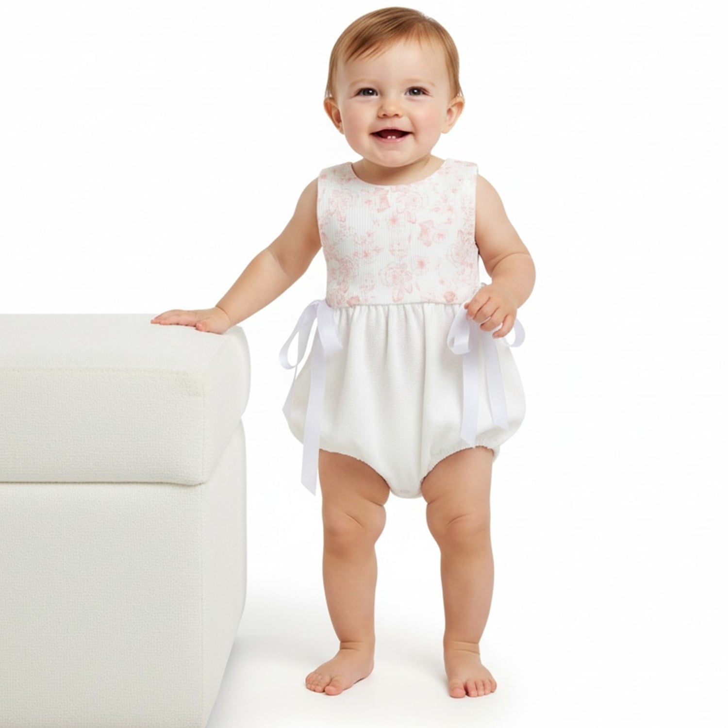 White & Pink Floral Bib Romper