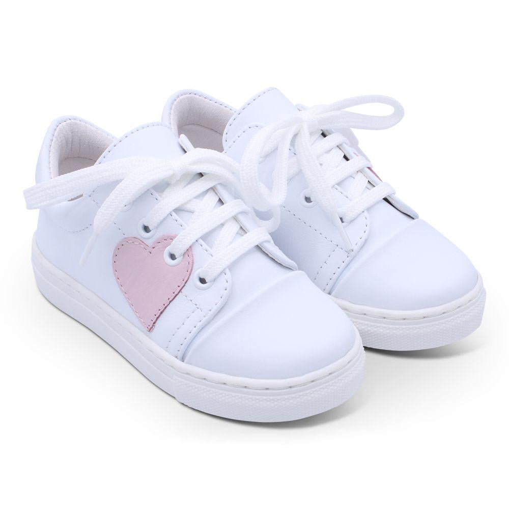 White Leather with Pink Heart Trainers