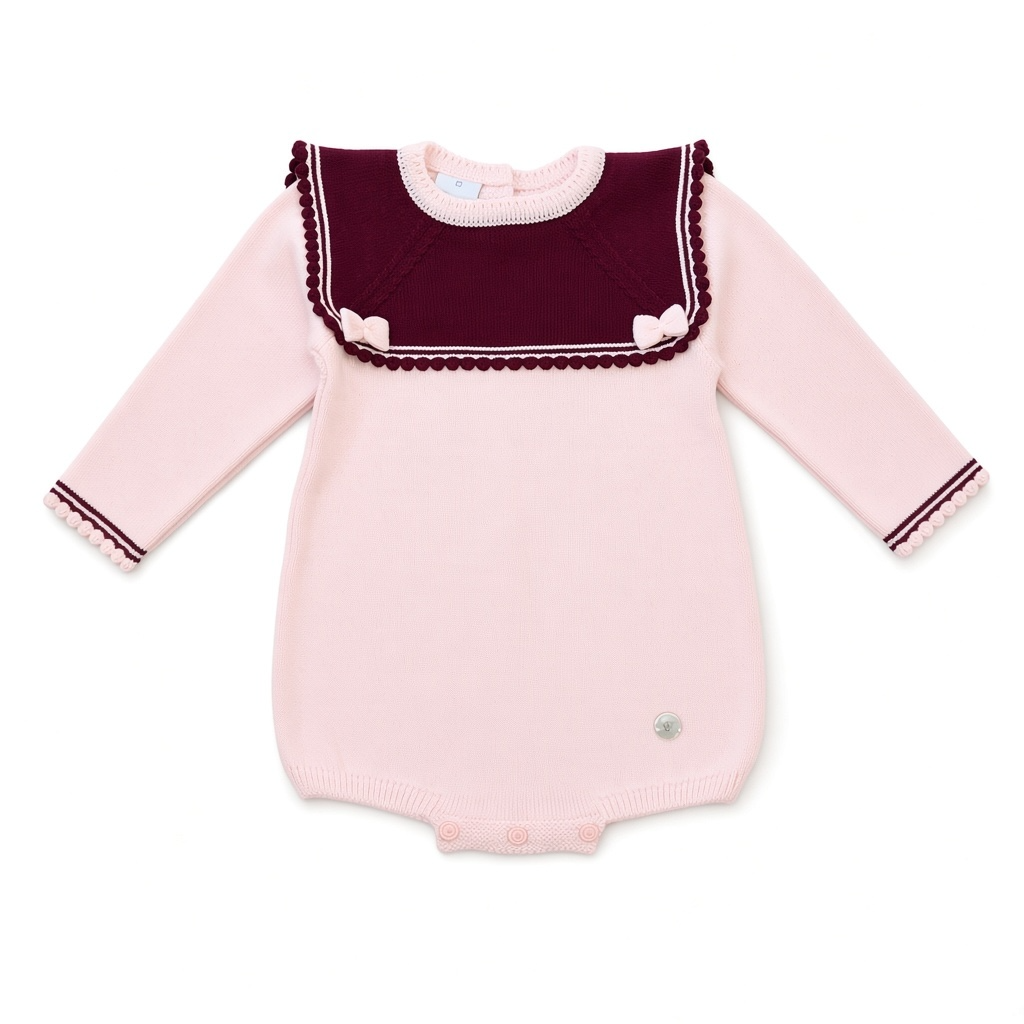 Pink & Burgundy Knitted Bow Romper