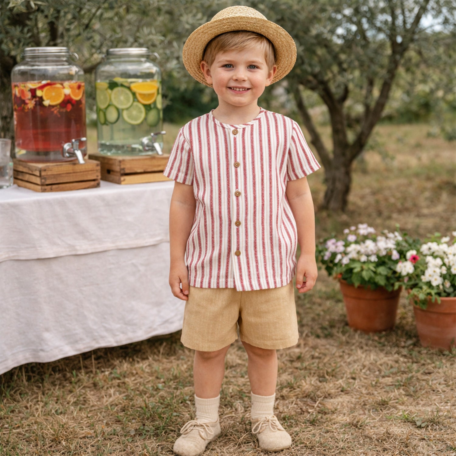 Red & Beige Stripe Shirt & Short Set