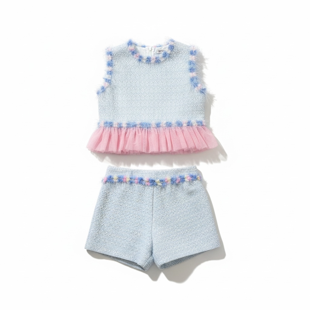 Blue Tulle Trim Short Set