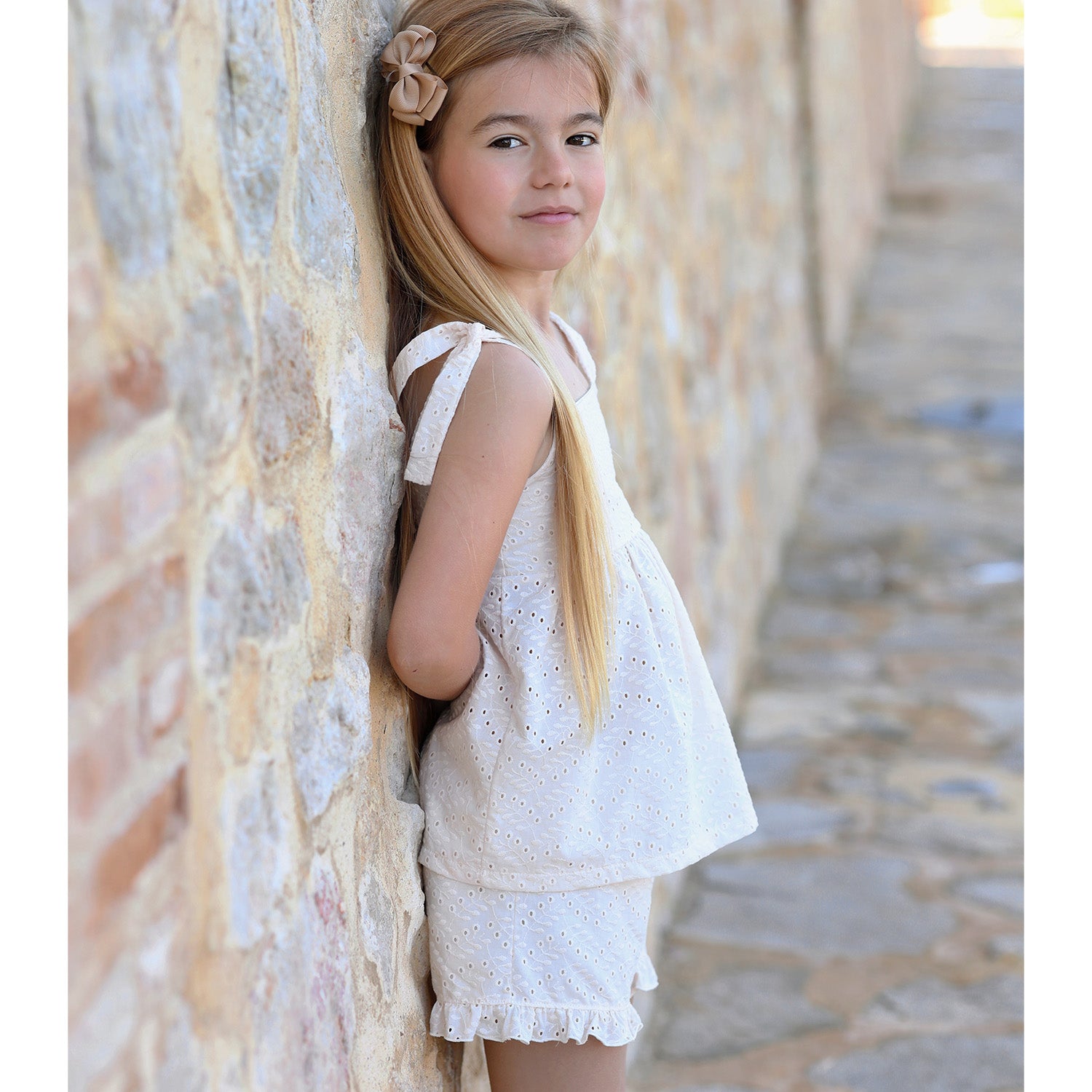 Beige Broderie Anglaise Shorts Set