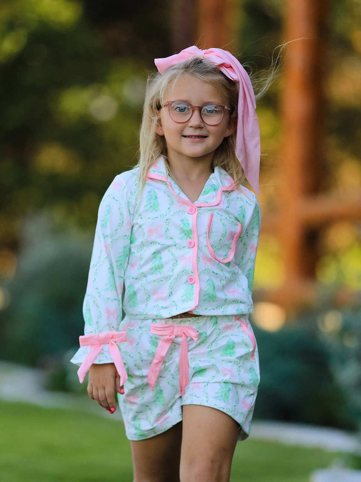 Mommy & Me Christmas Tree & Bow Print Girls Pajama Set