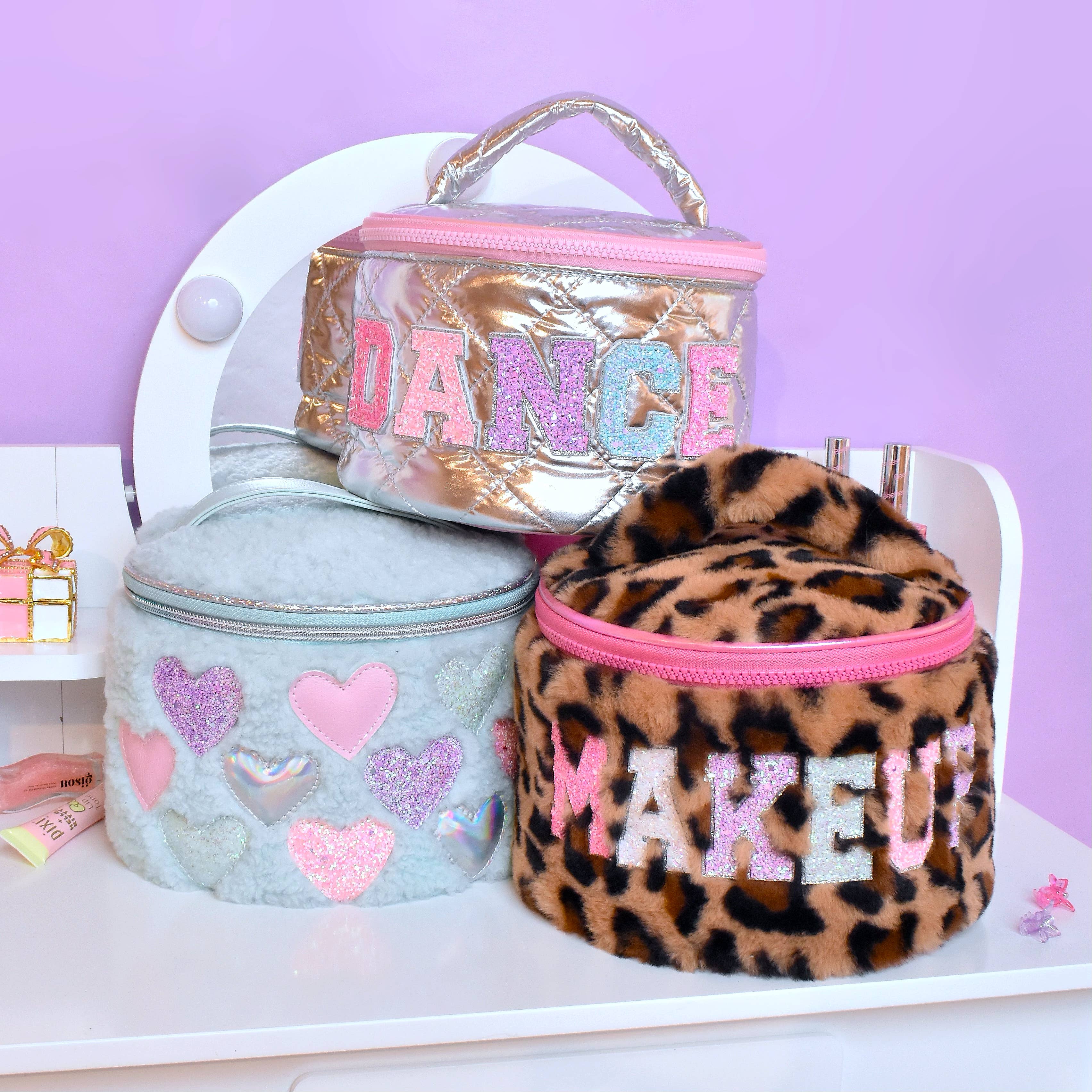 'MAKEUP' Leopard Print Plush Round Glam Bag