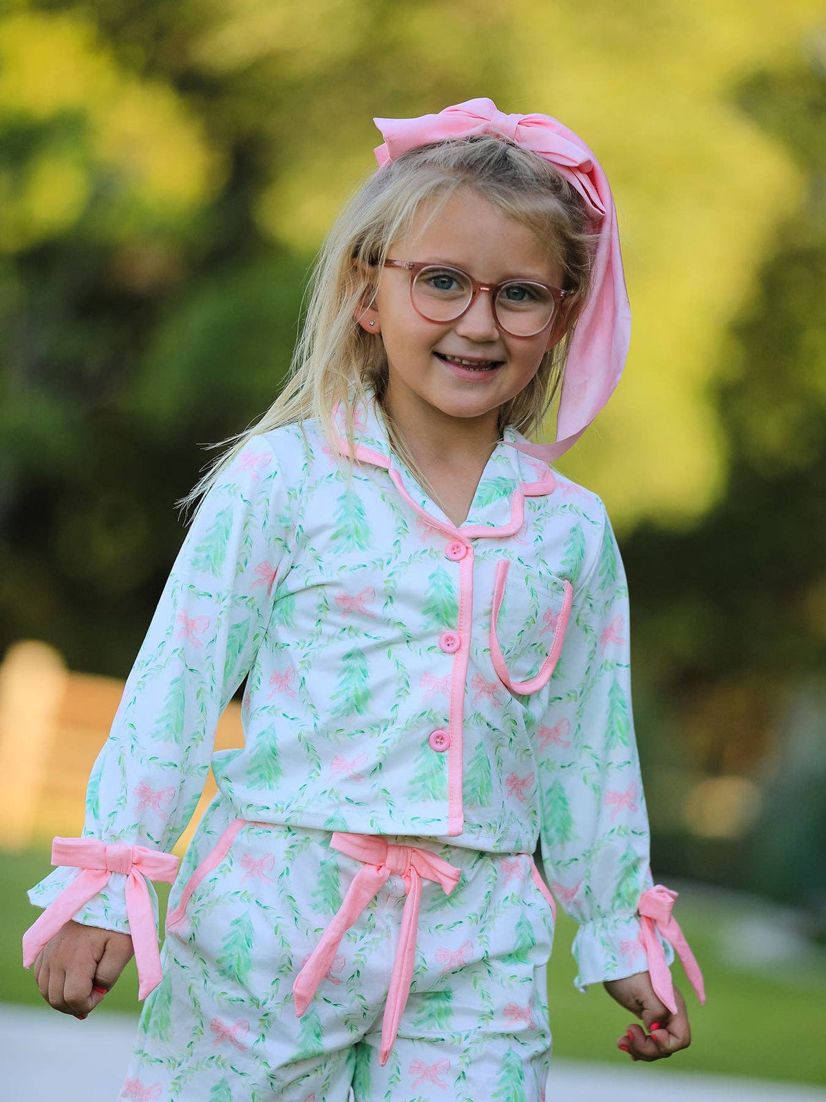 Mommy & Me Christmas Tree & Bow Print Girls Pajama Set
