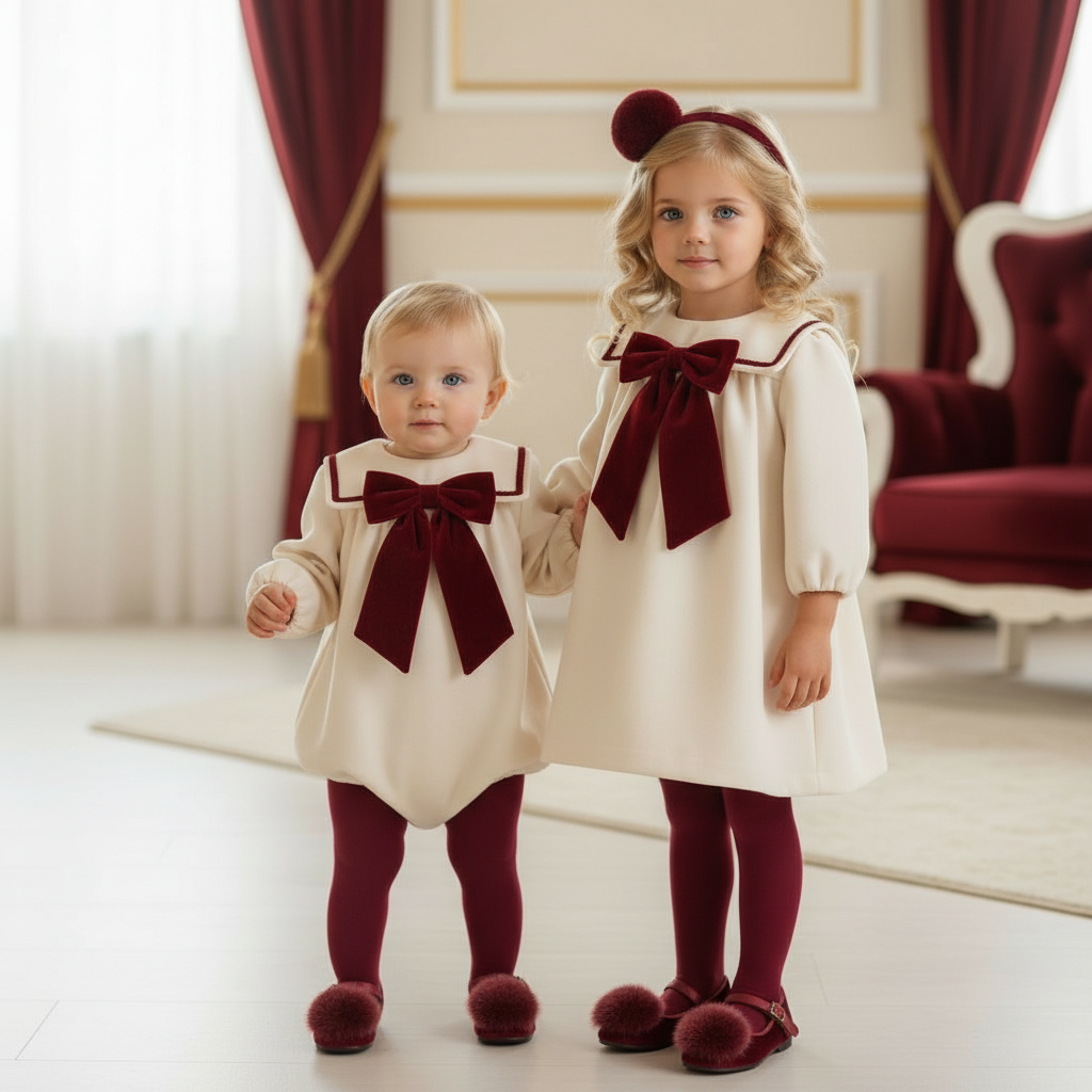 Girls Ivory & Burgundy Velvet Trim Romper