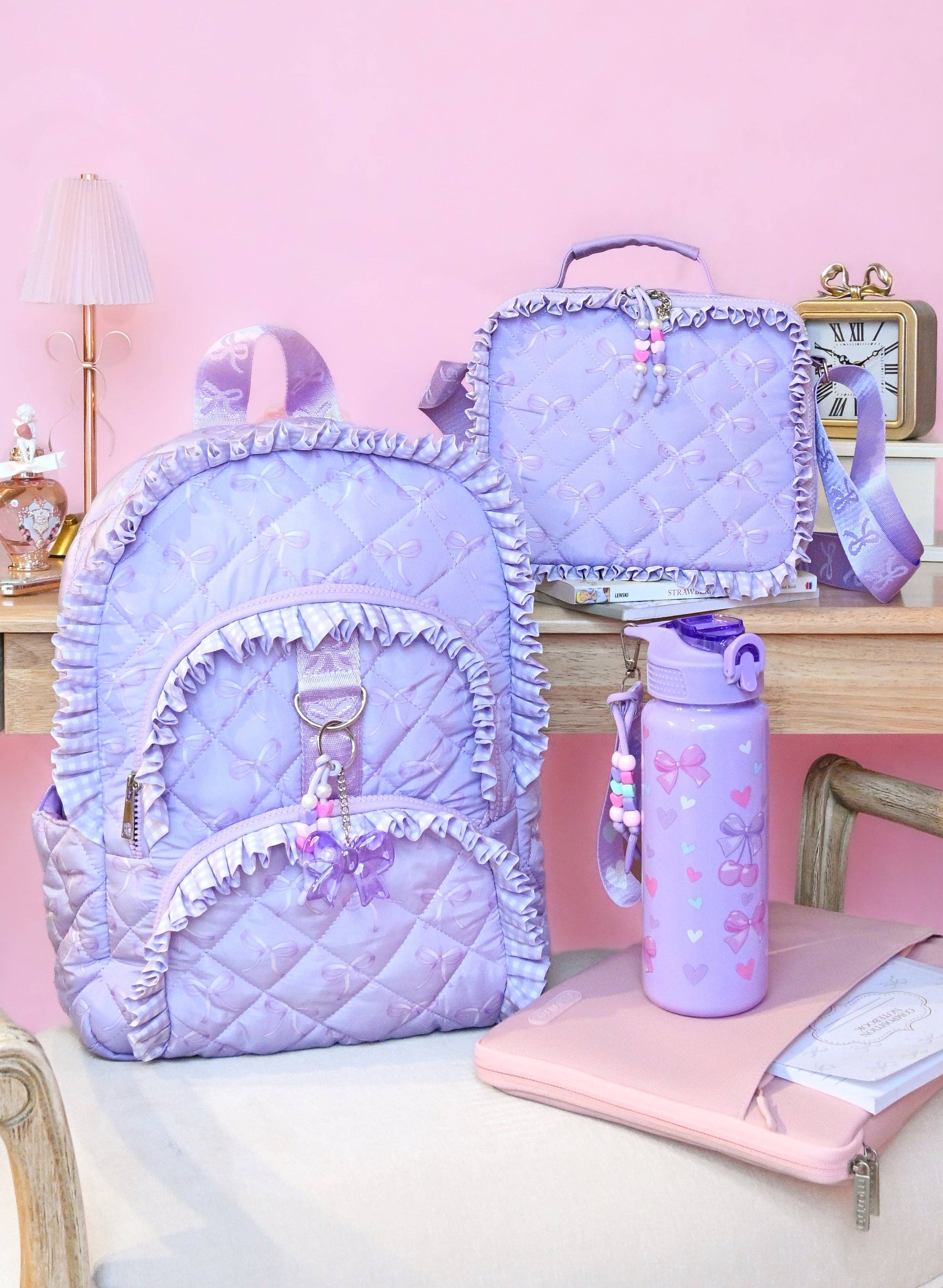 Lilac Bow & Ruffle Quilted Large Backpack