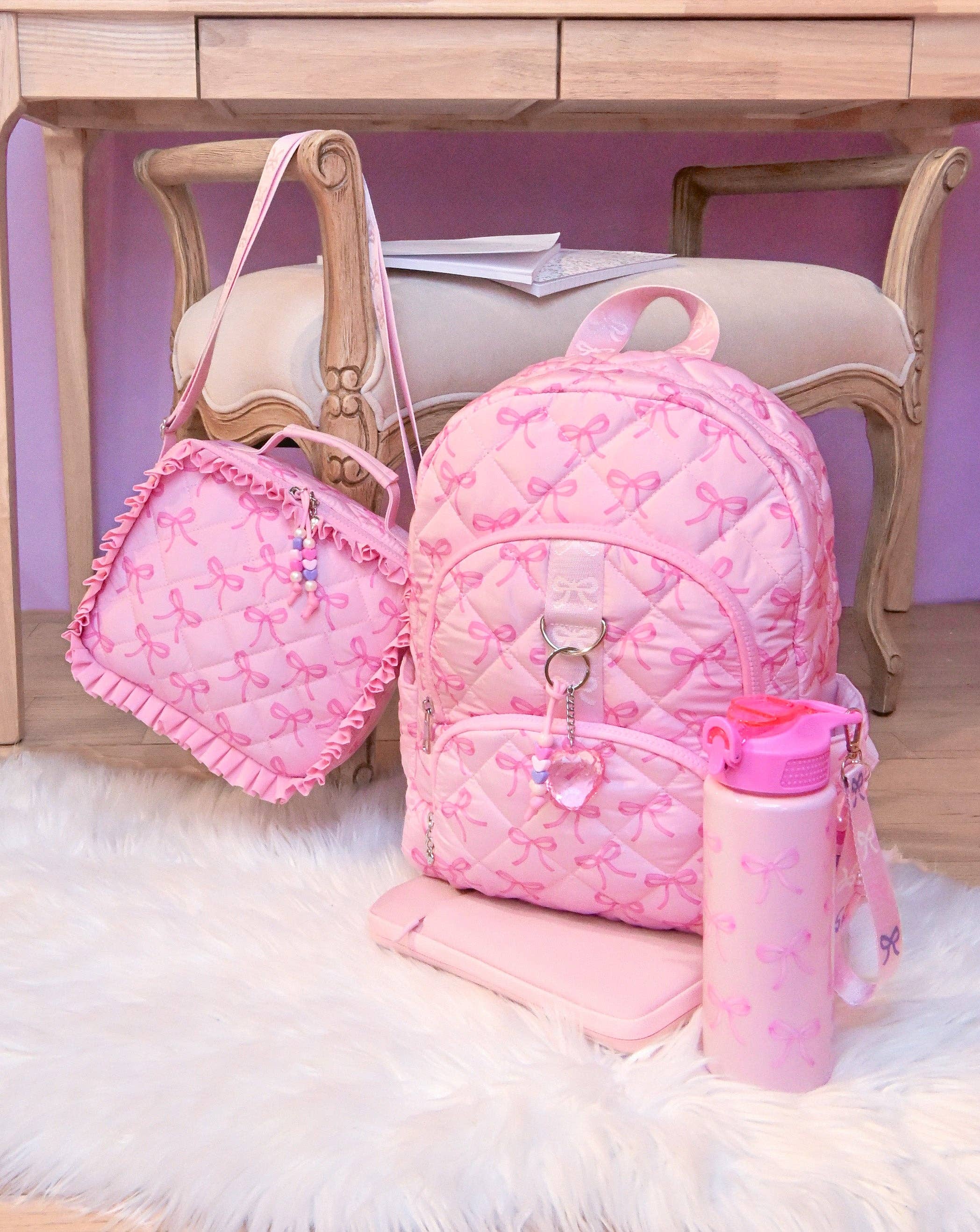 Bow Printed Quilted Large Backpack with Charm