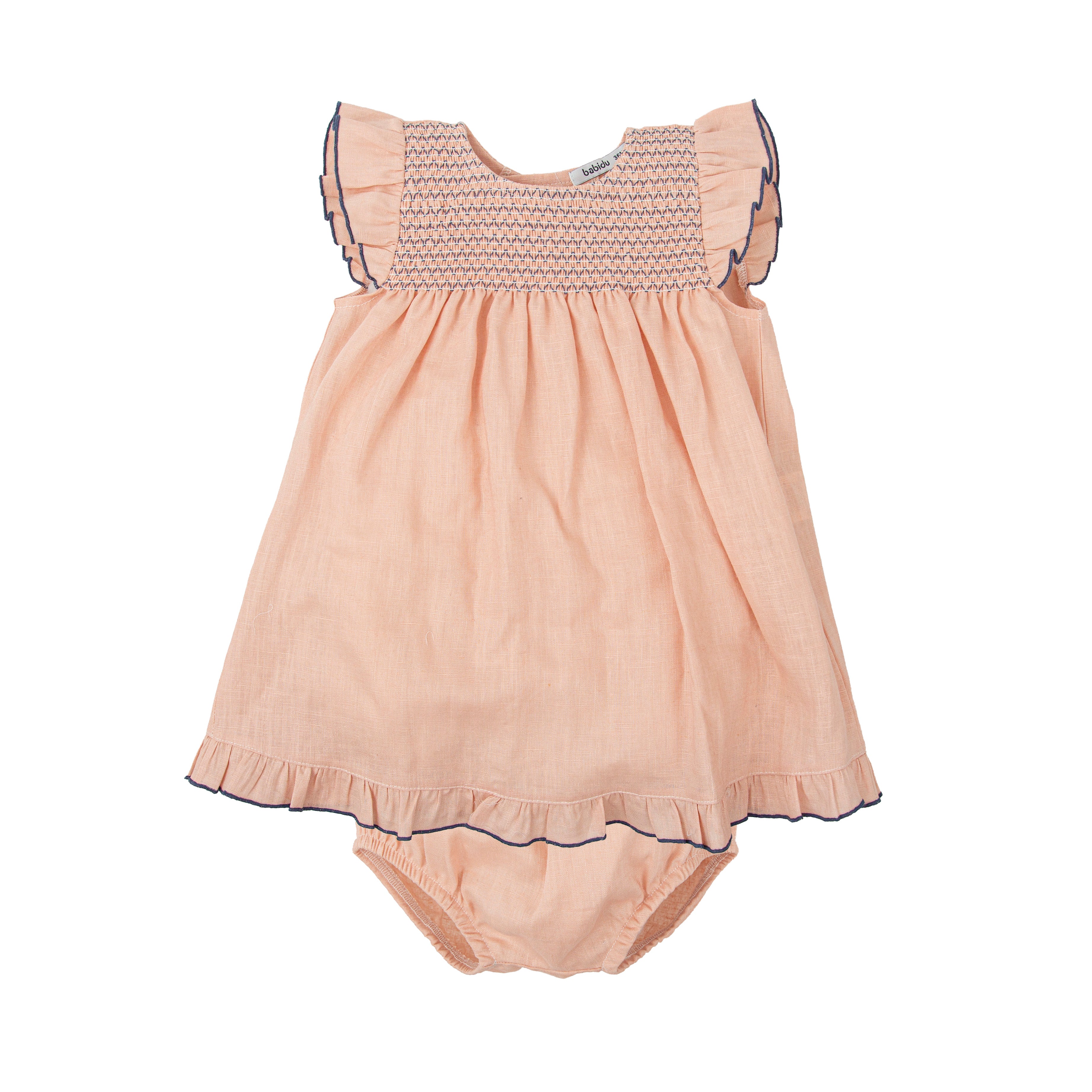 Peach Pink & Navy Smocked Dress & Bloomers