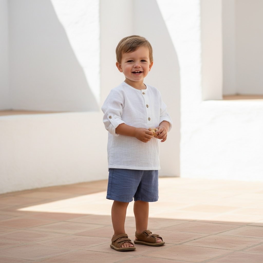 White & Navy Linen Short Set