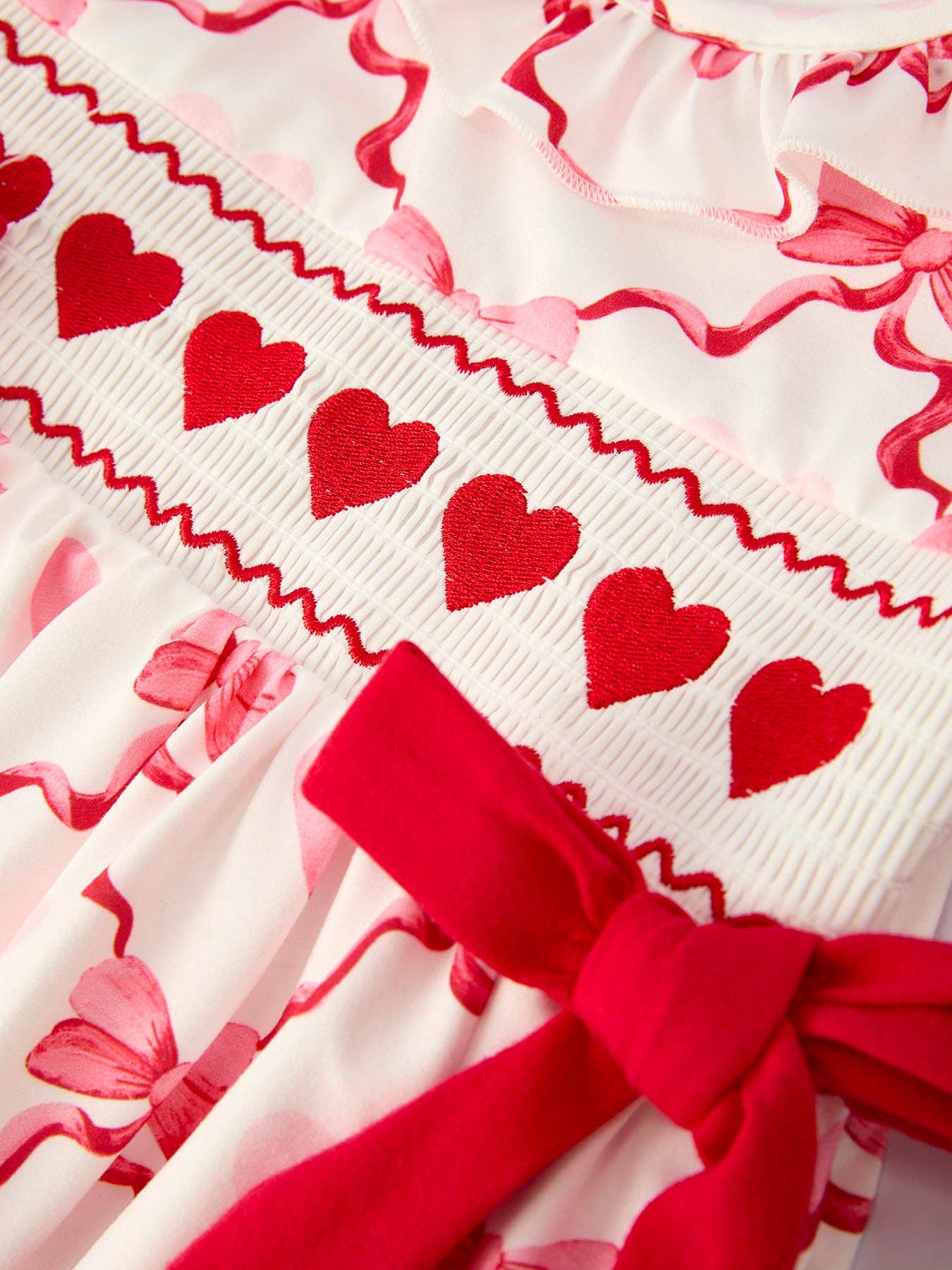 Girls Valentine Dress with Heart Embroidery and Bow Design