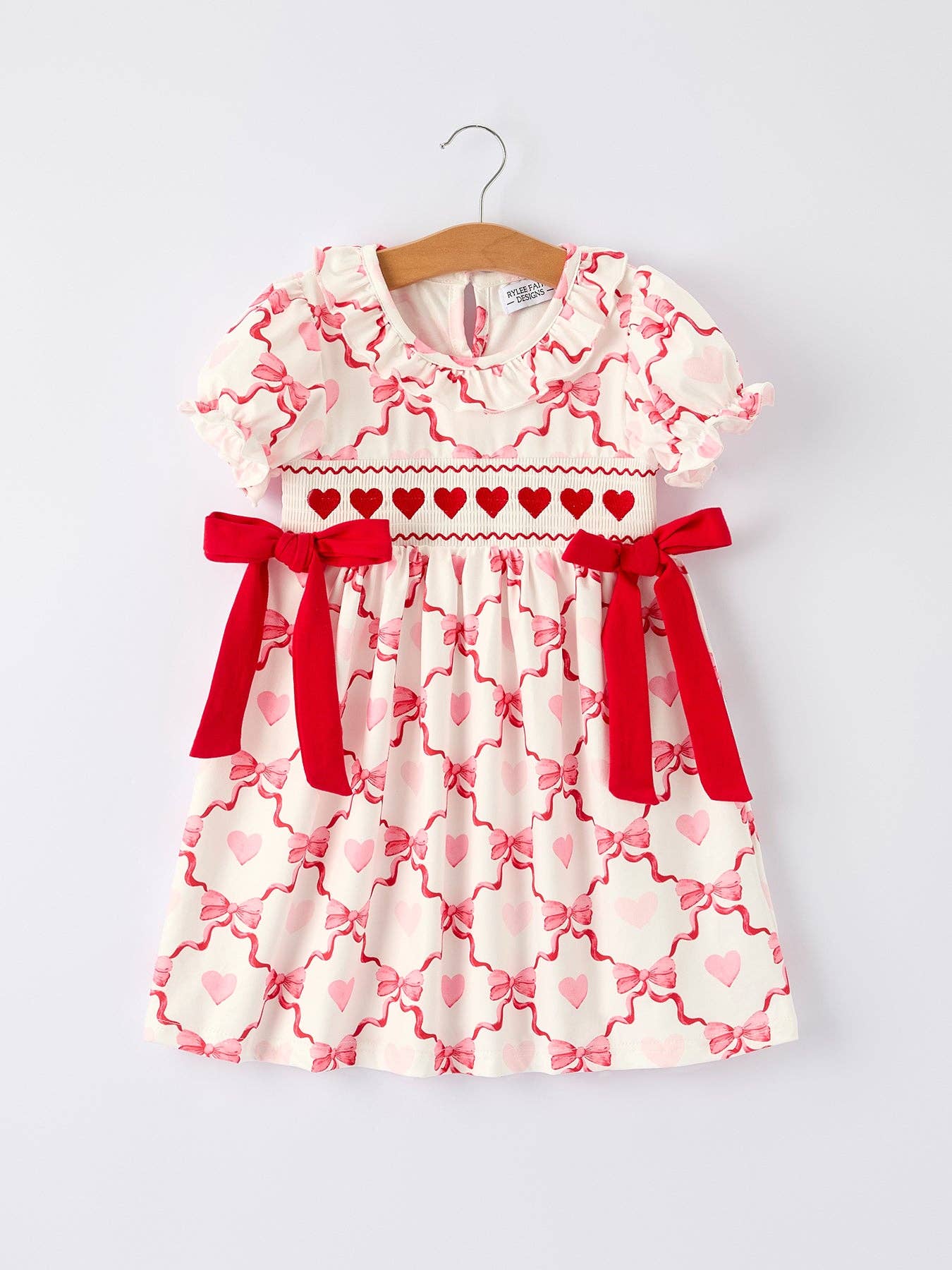 Girls Valentine Dress with Heart Embroidery and Bow Design