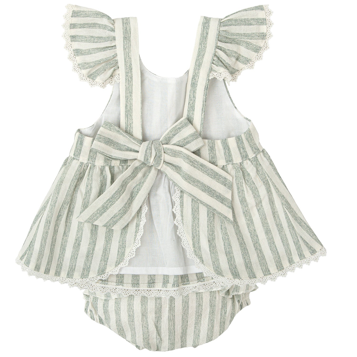 Green Stripe Linen Pinafore Dress & Bloomers