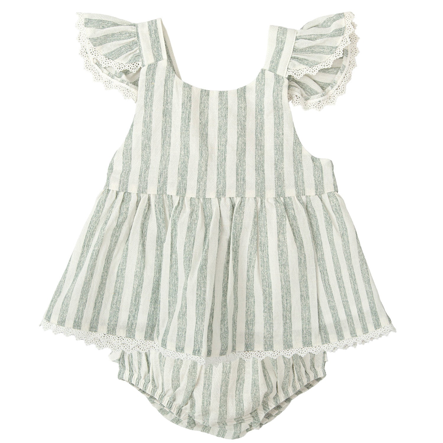 Green Stripe Linen Pinafore Dress & Bloomers