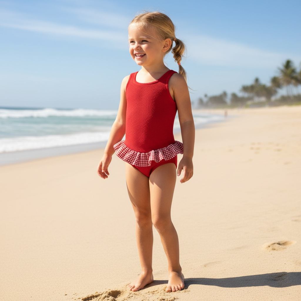 Denise Red Gingham Crinkle Swimsuit Kids