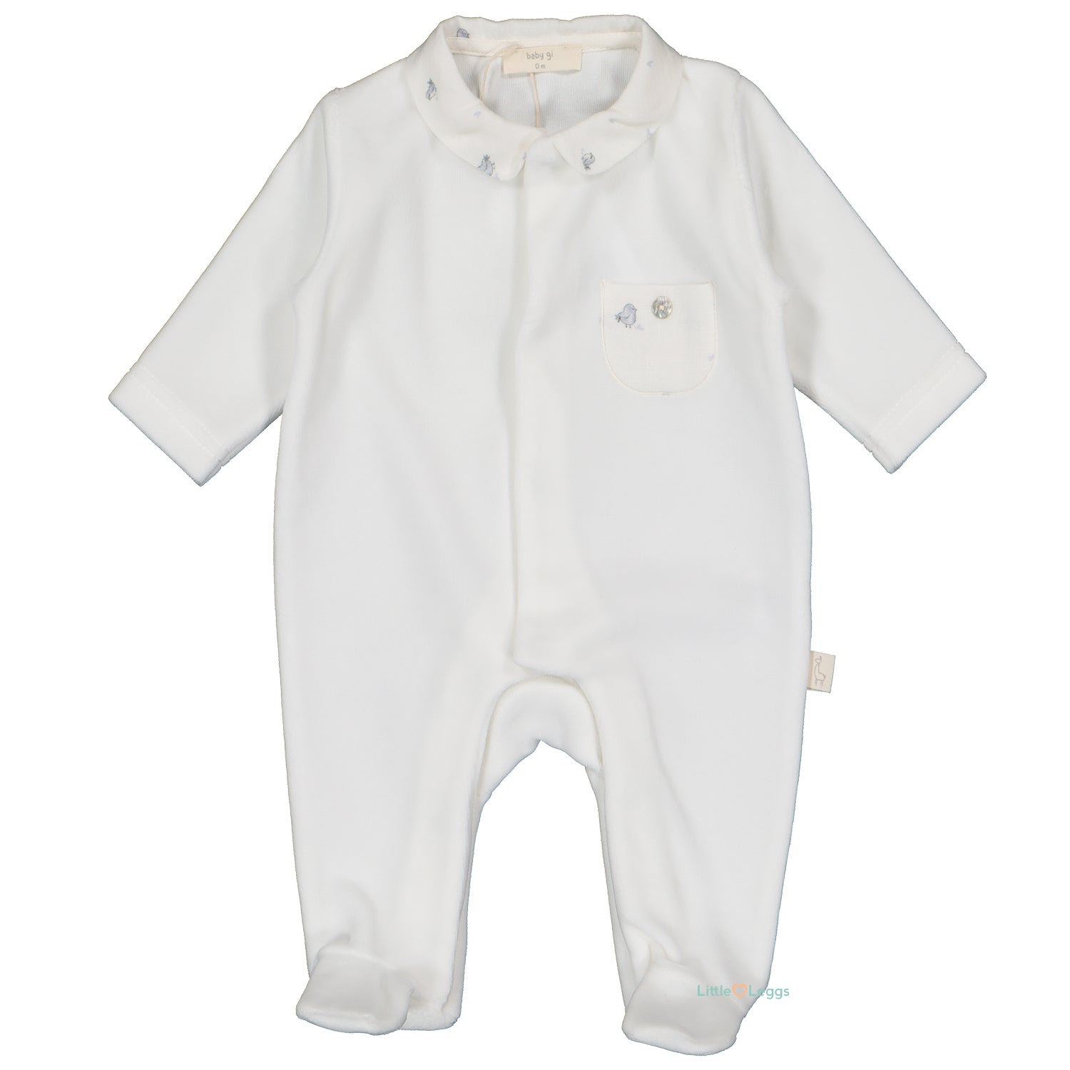 Ivory Blue Birdie Velour Babygrow