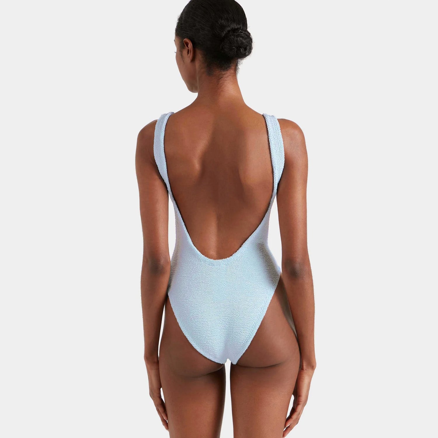 Square Neck Metallic Ice Blue Crinkle Swimsuit - Adult