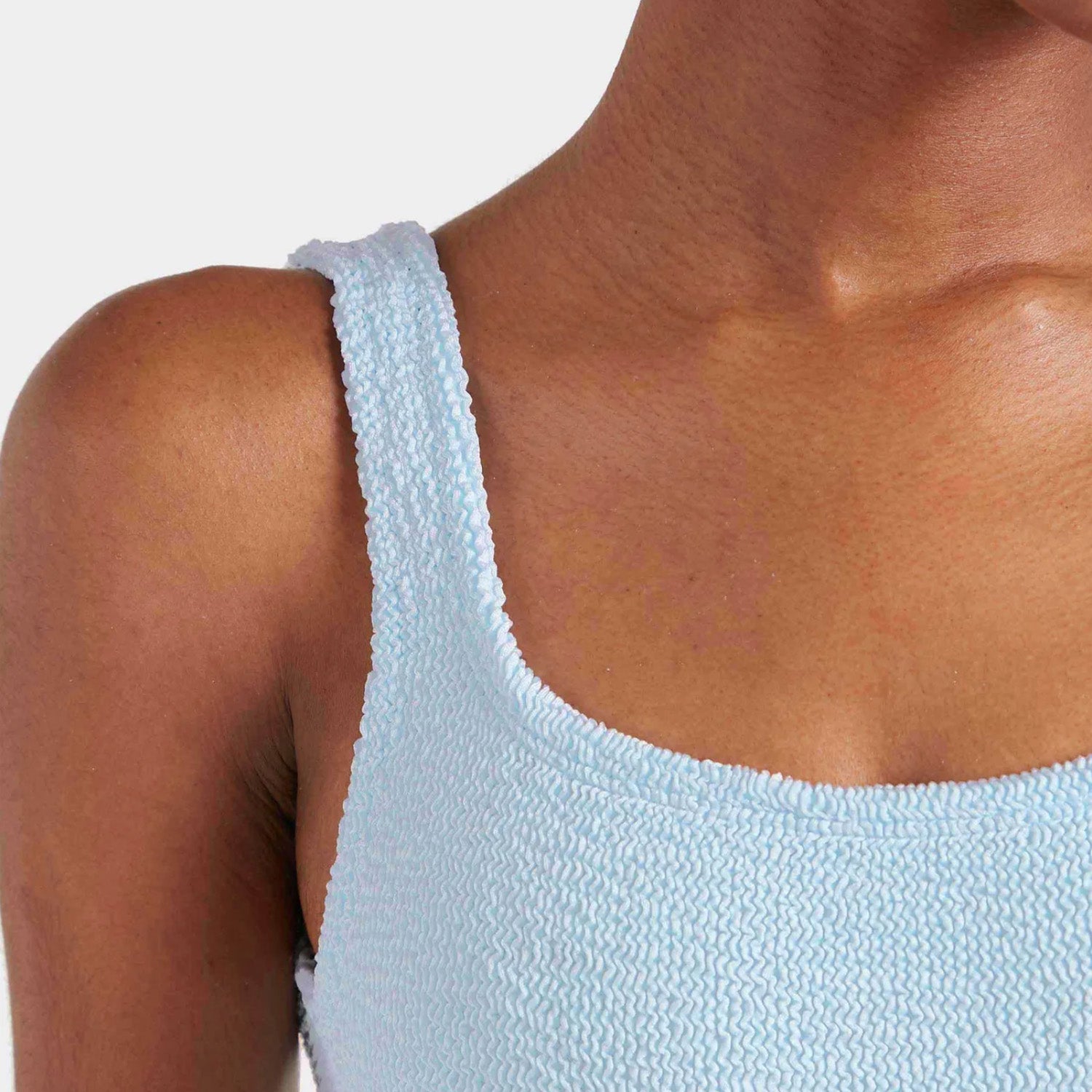 Square Neck Metallic Ice Blue Crinkle Swimsuit - Adult