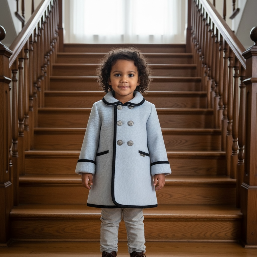 Pale Blue & Navy Trim Wool Coat