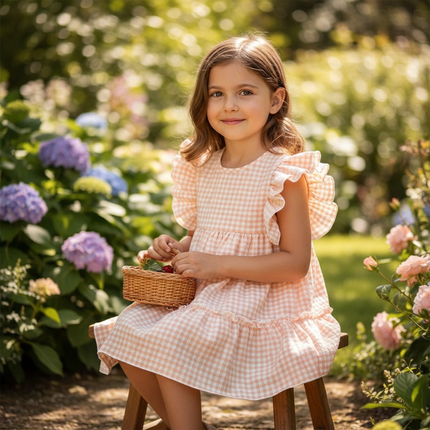 Salmon Check Tiered Dress