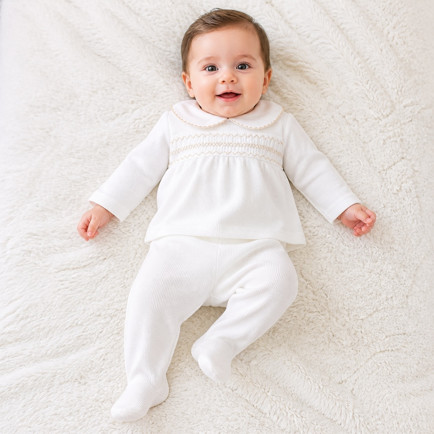 Beige Trim Smocked Trouser Set