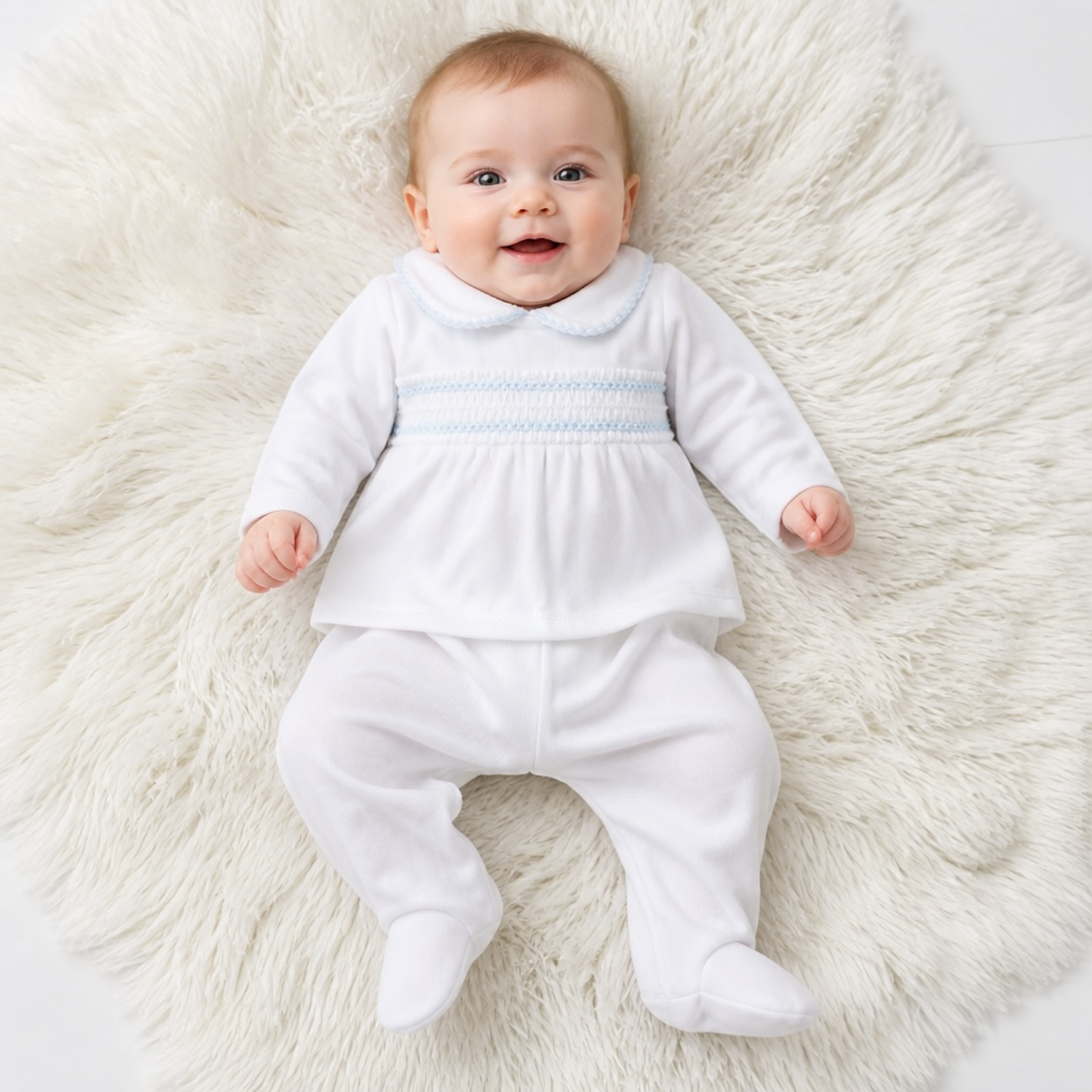 White & Blue Velour Smocked Set