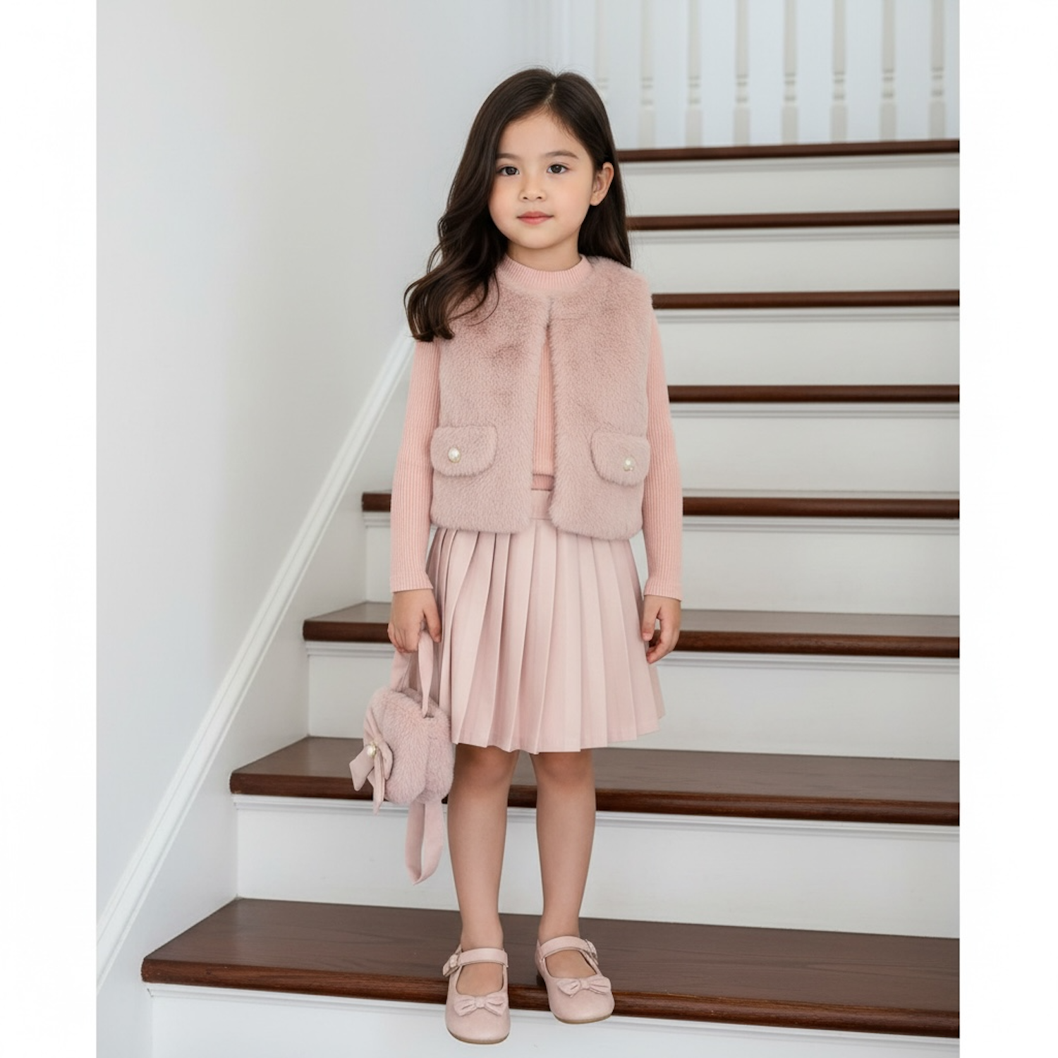 Dusty Pink Top, Skirt & Gilet Set With Matching Handbag