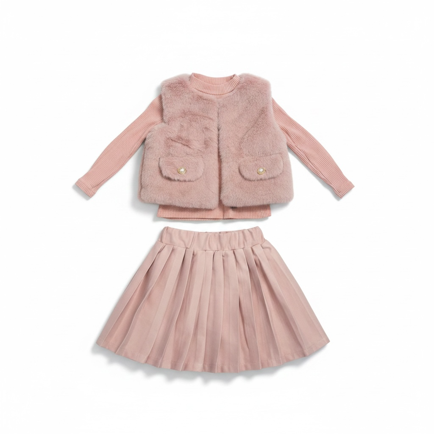 Dusty Pink Top, Skirt & Gilet Set With Matching Handbag