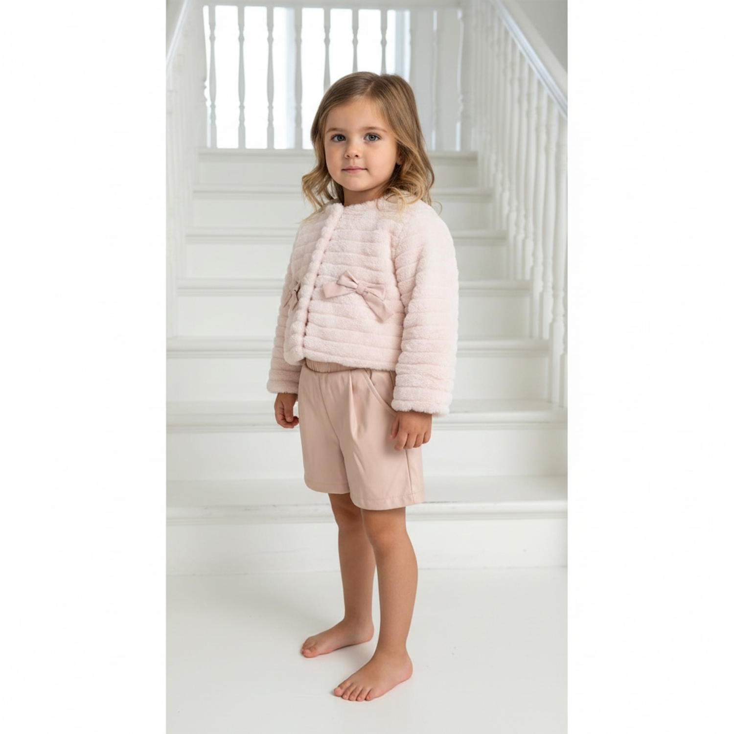 Pink Leather Look Shorts, Top & Faux Fur Jacket Set