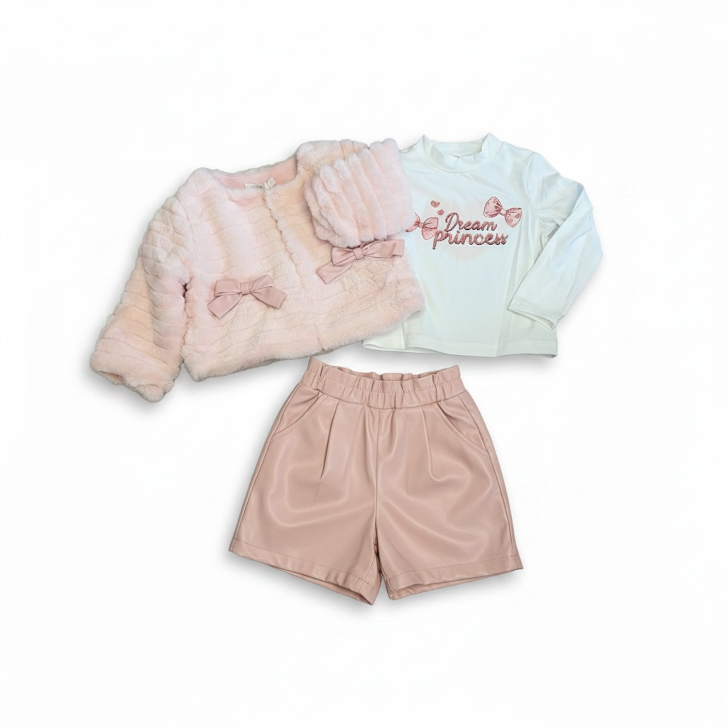Pink Leather Look Shorts, Top & Faux Fur Jacket Set