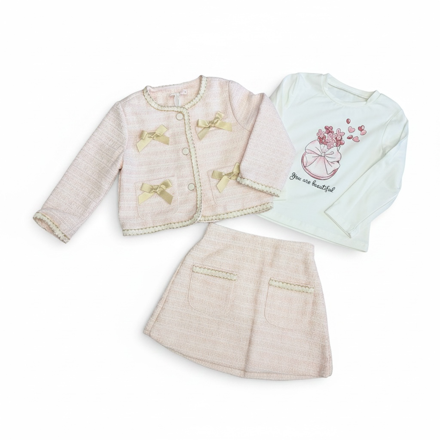 Pink & Gold Trim Tweed Skirt Top & Jacket Set