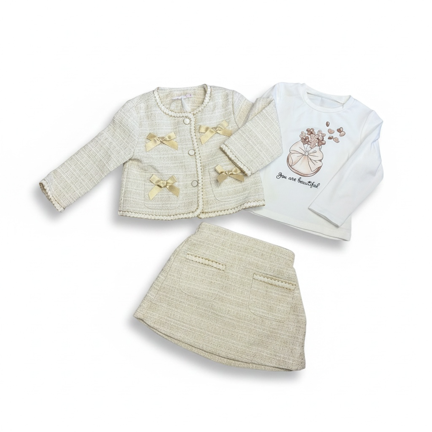 Cream & Gold Tweed Skirt Top & Jacket Set