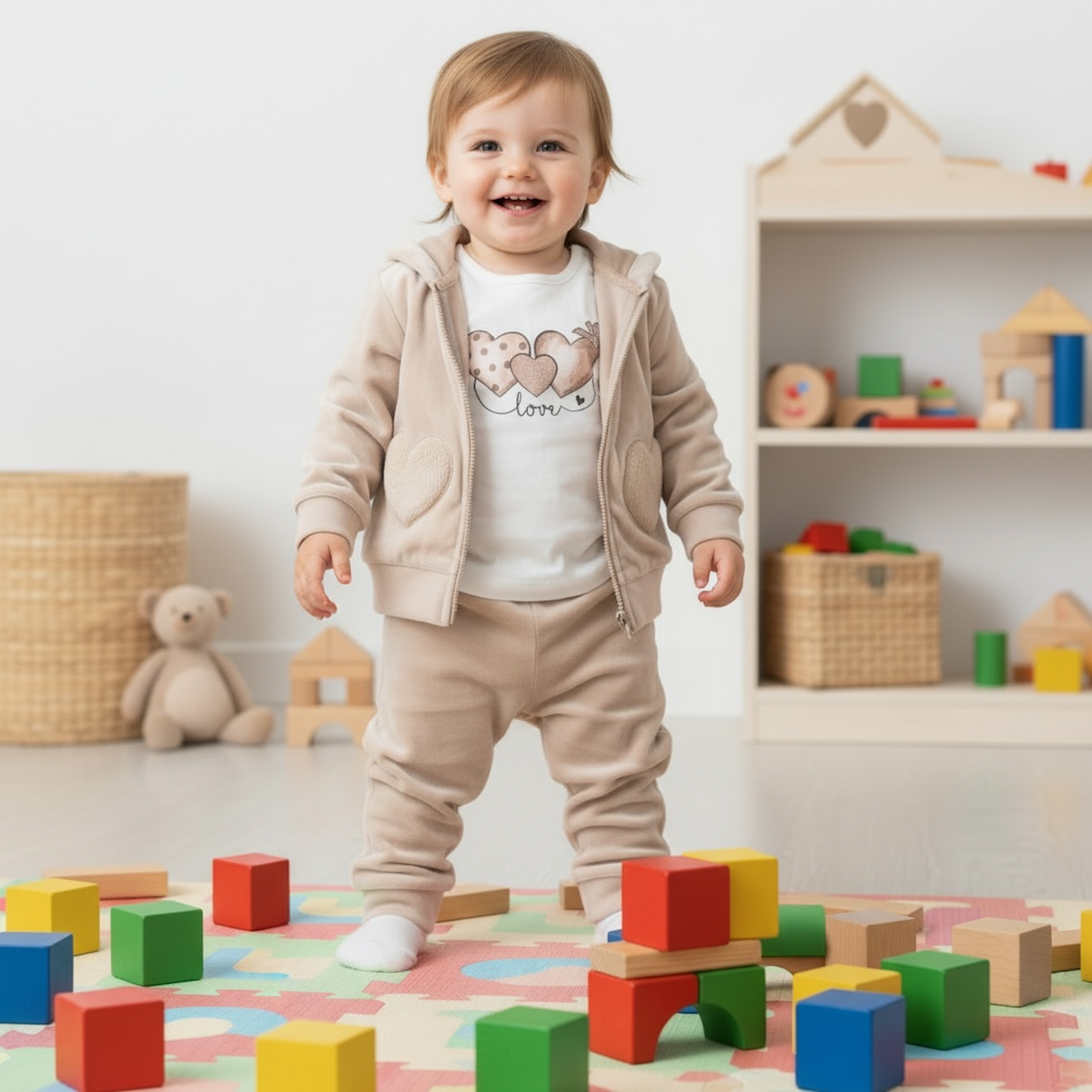 Girls Beige Velour 3 Piece Tracksuit