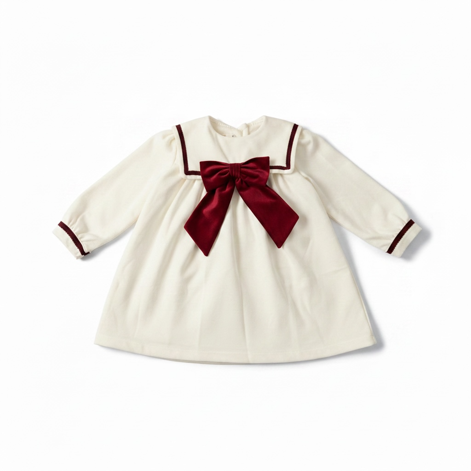 Ivory & Burgundy Velvet Trim Dress