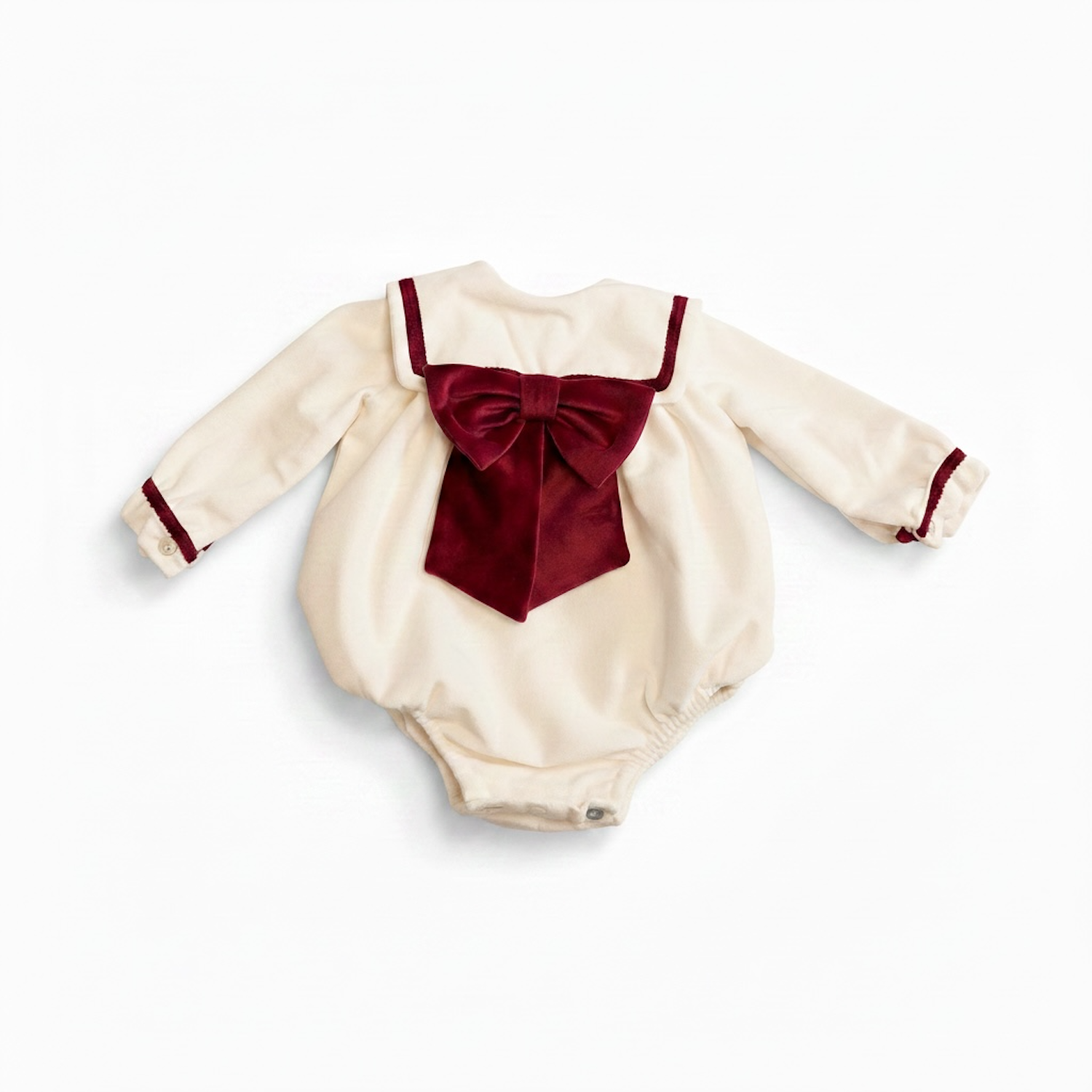 Girls Ivory & Burgundy Velvet Trim Romper