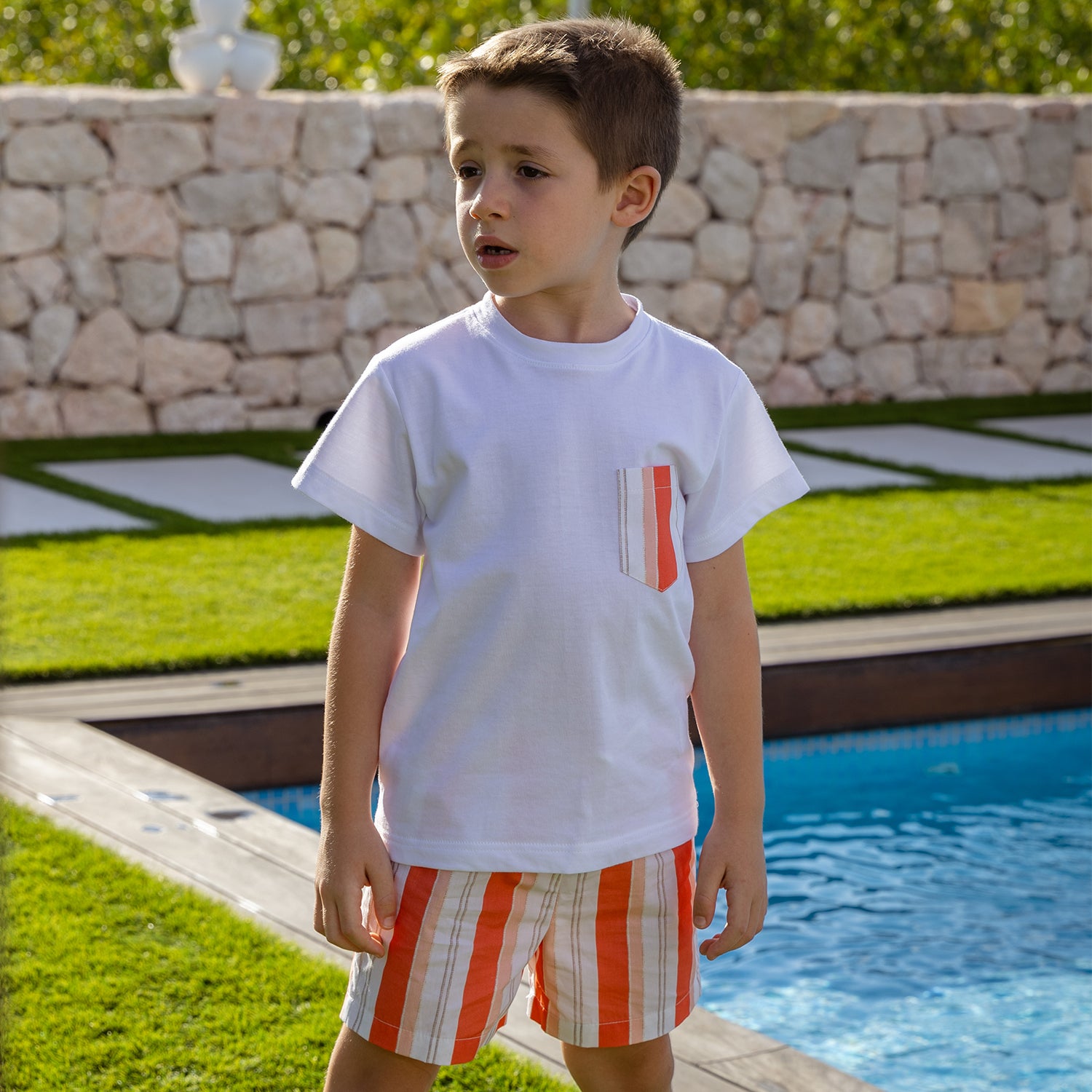 Coral Stripe T-Shirt & Swim Shorts