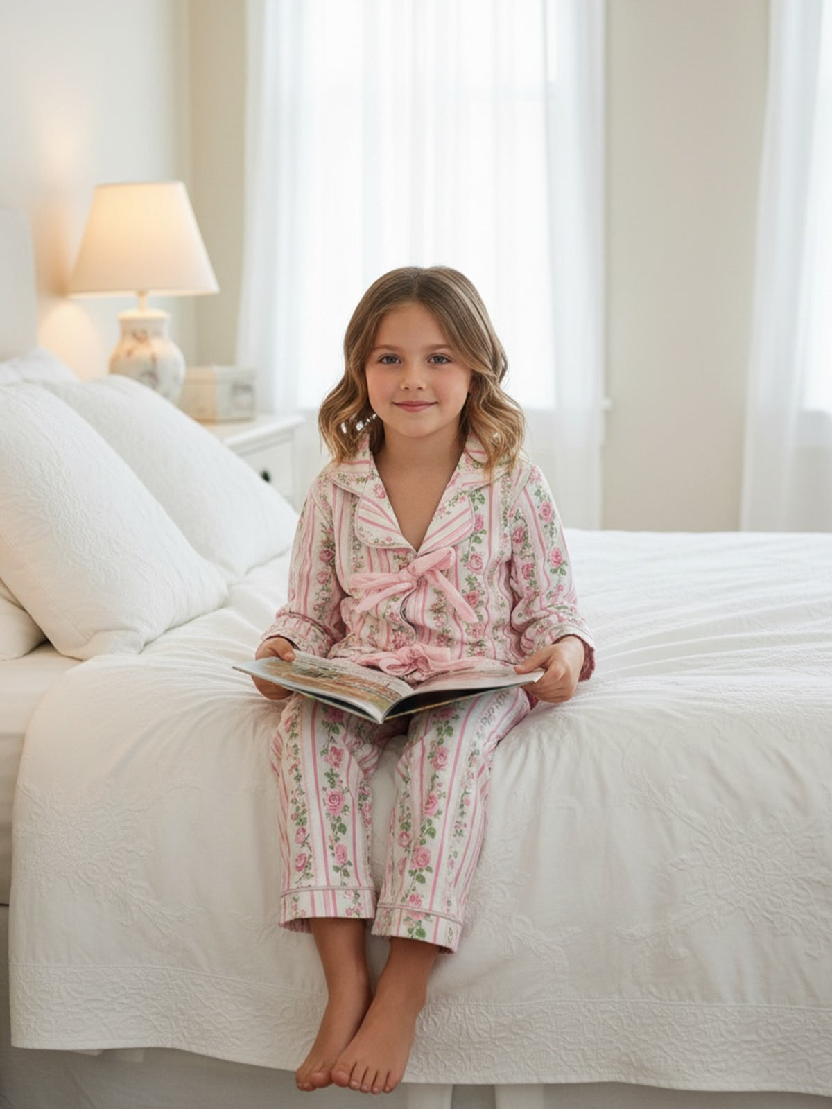 Pink Floral Girls Pajama Set Bow Tie Top Long Pants Sleepwear