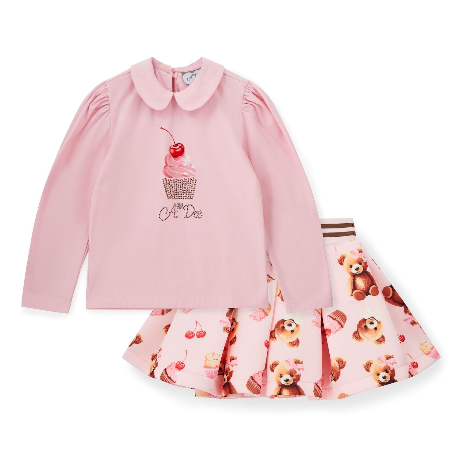Pink Bear Print Skirt Set