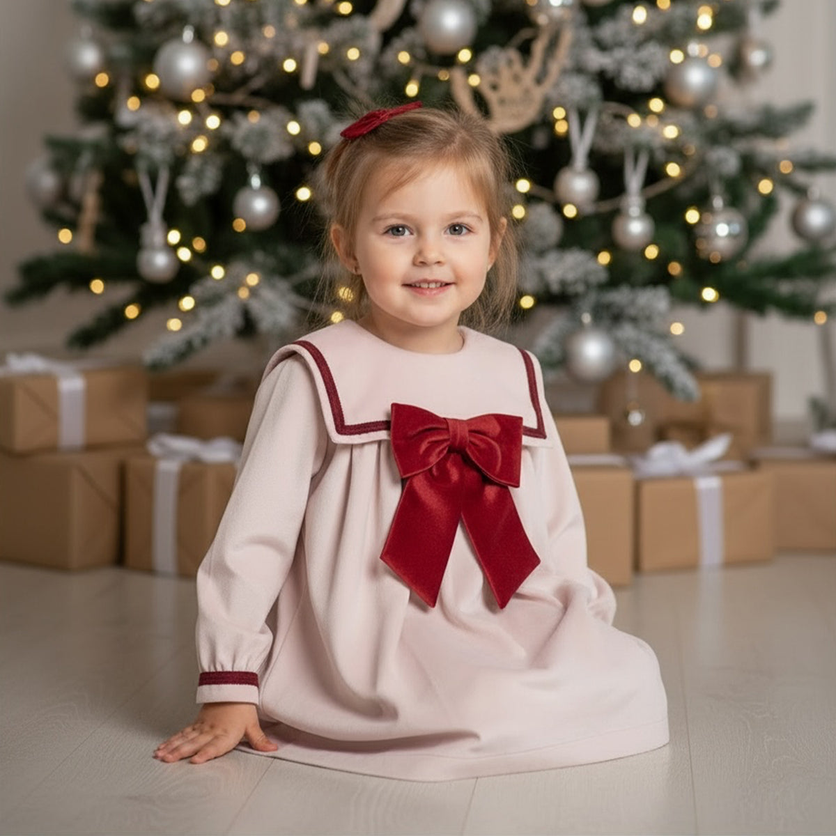 Pink & Burgundy Velvet Trim Dress