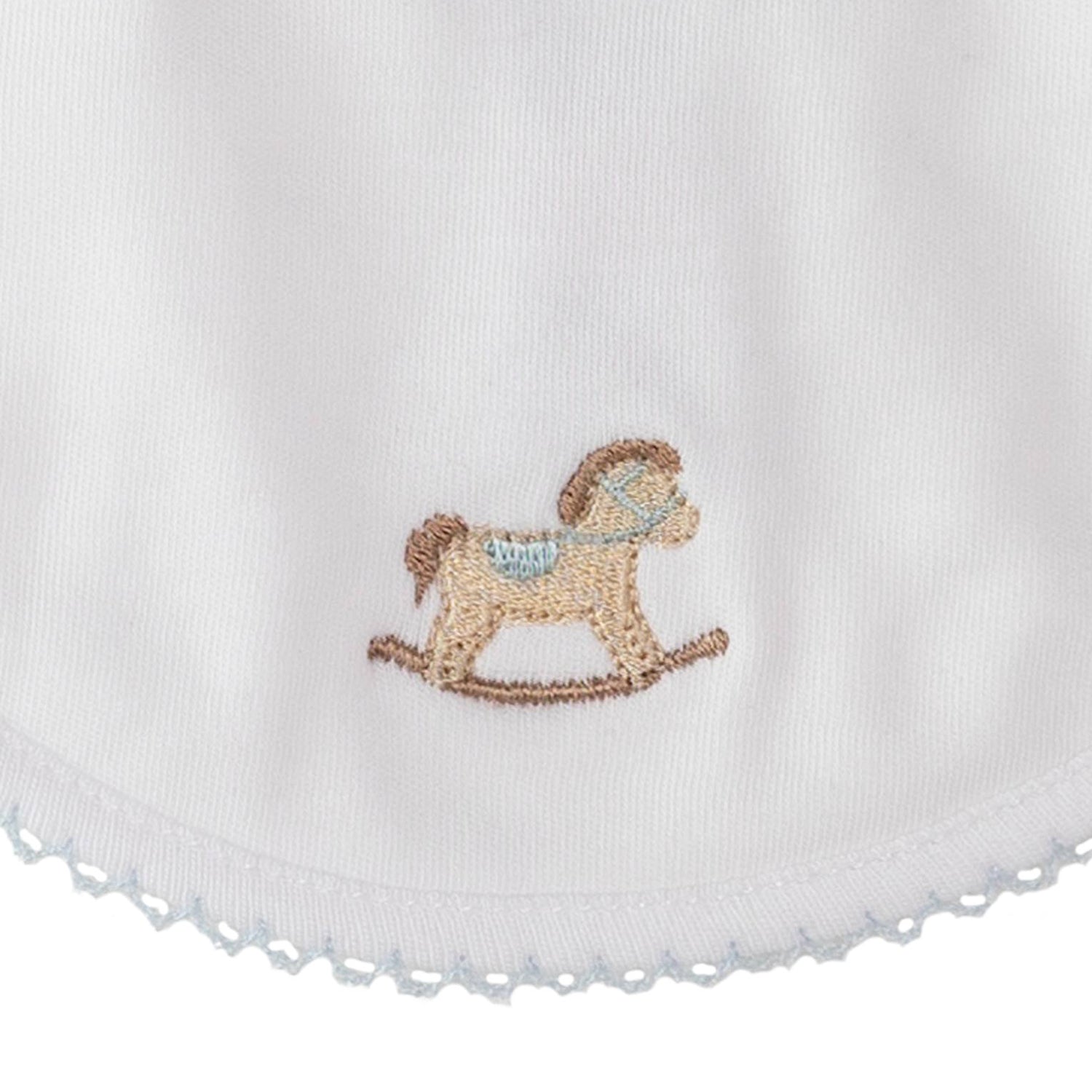 White & Blue Trim Rocking Horse Bib