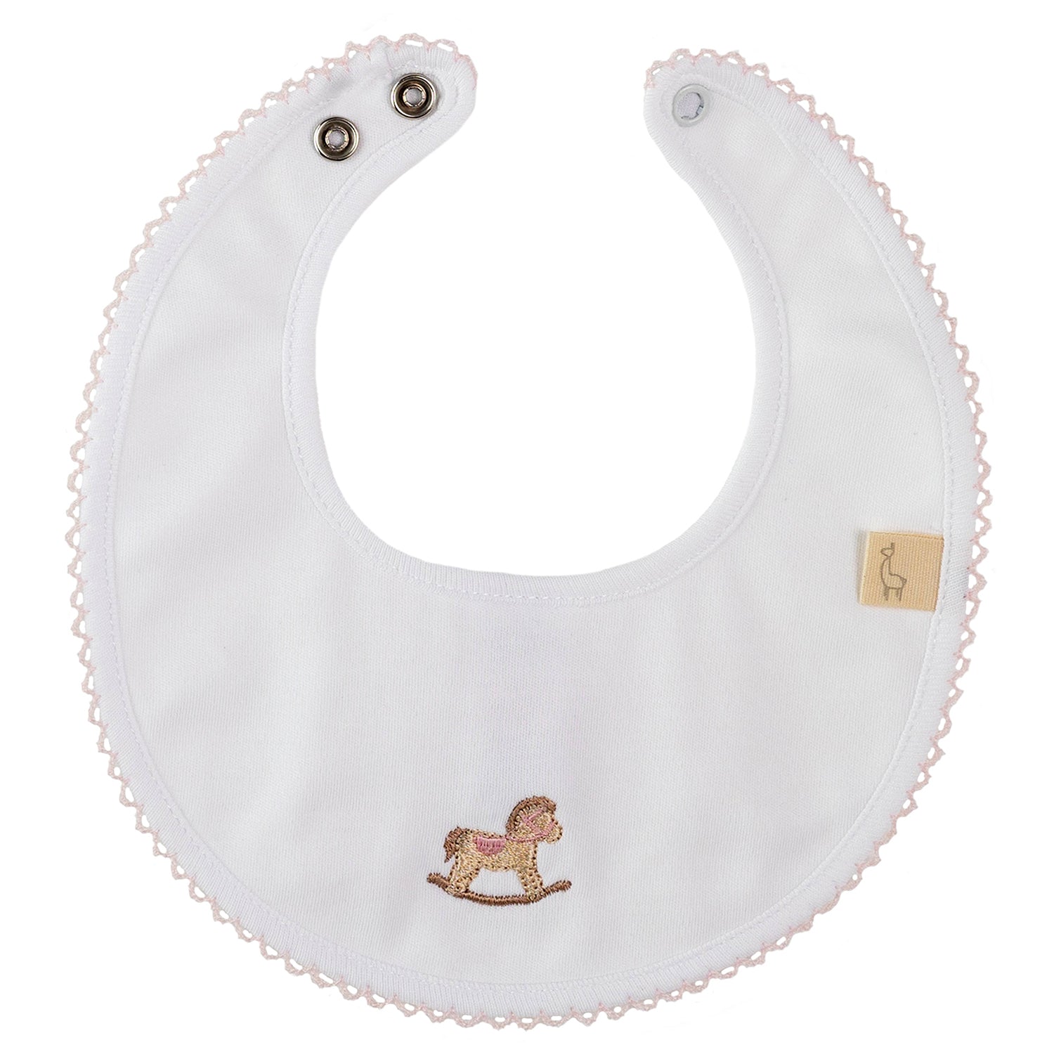 White & Pink Trim Rocking Horse Bib