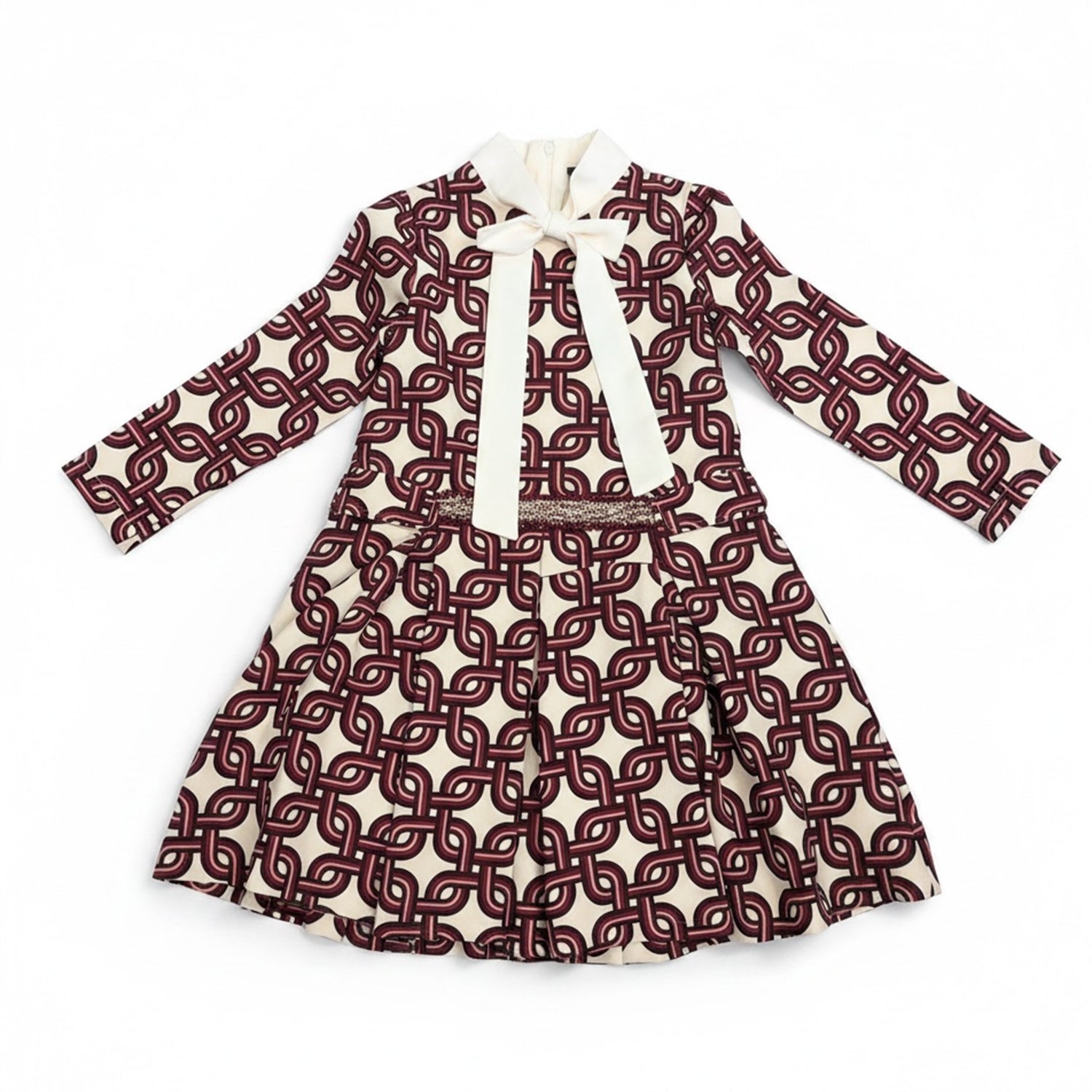 Ivory & Burgundy Sash Collar Geometric Print Dress