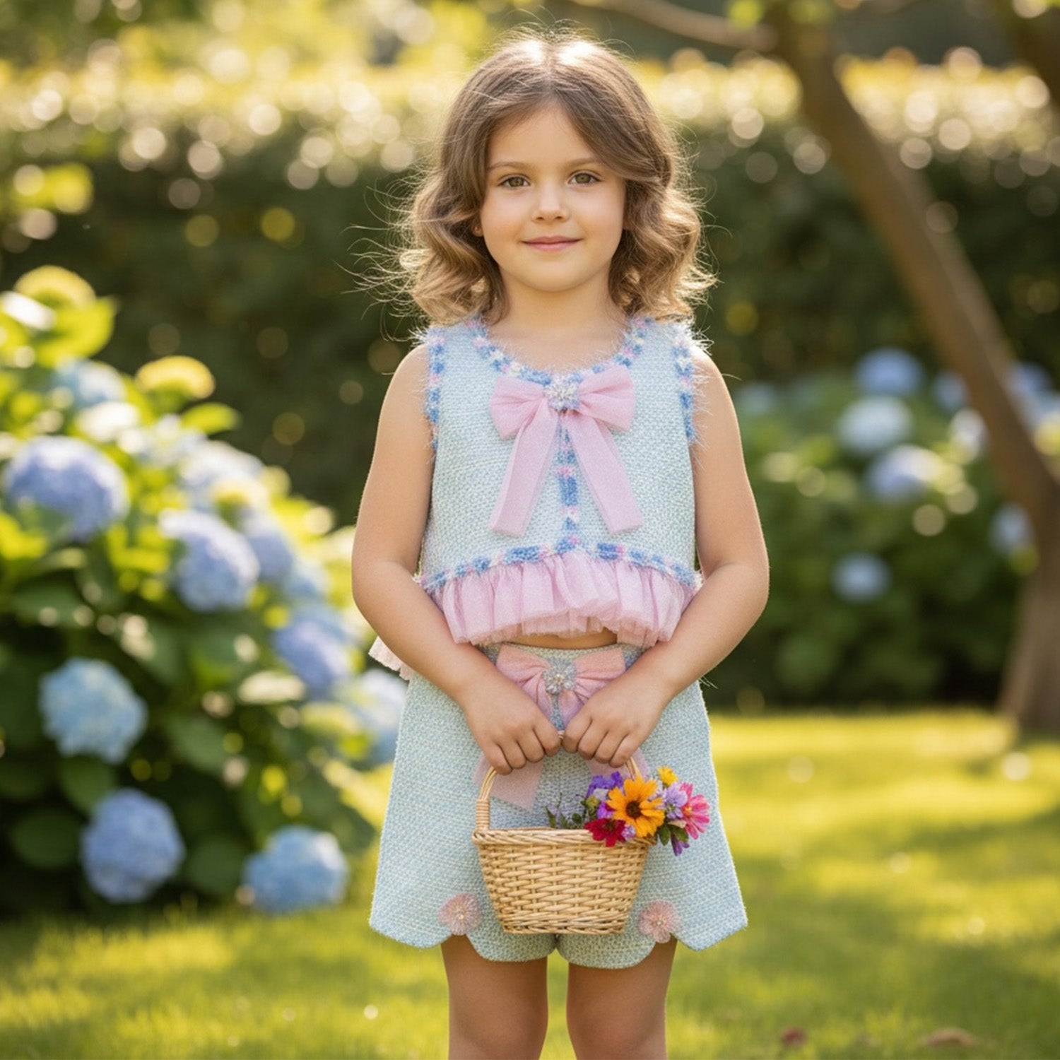 Blue Tulle Trim Short Set