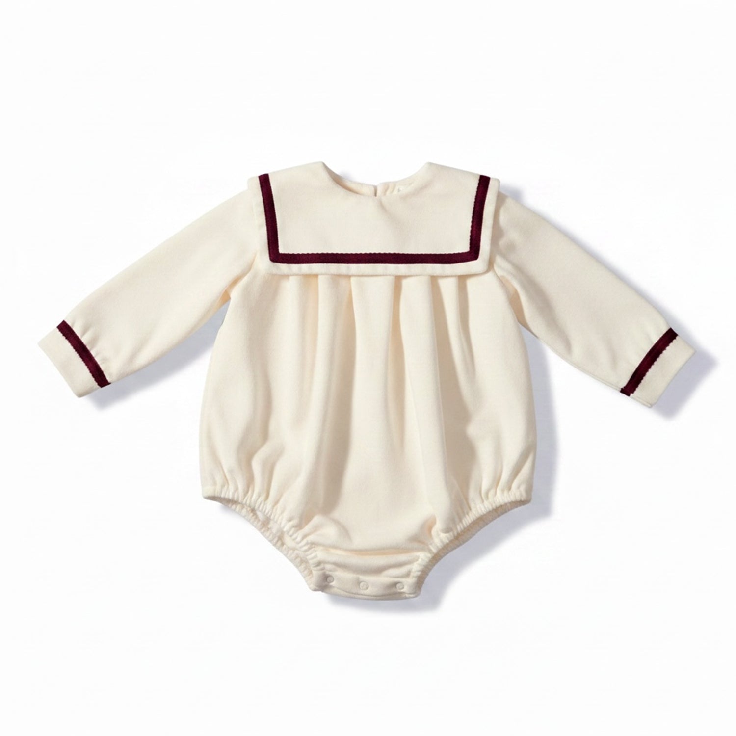 Boys Ivory & Burgundy Velvet Trim Romper