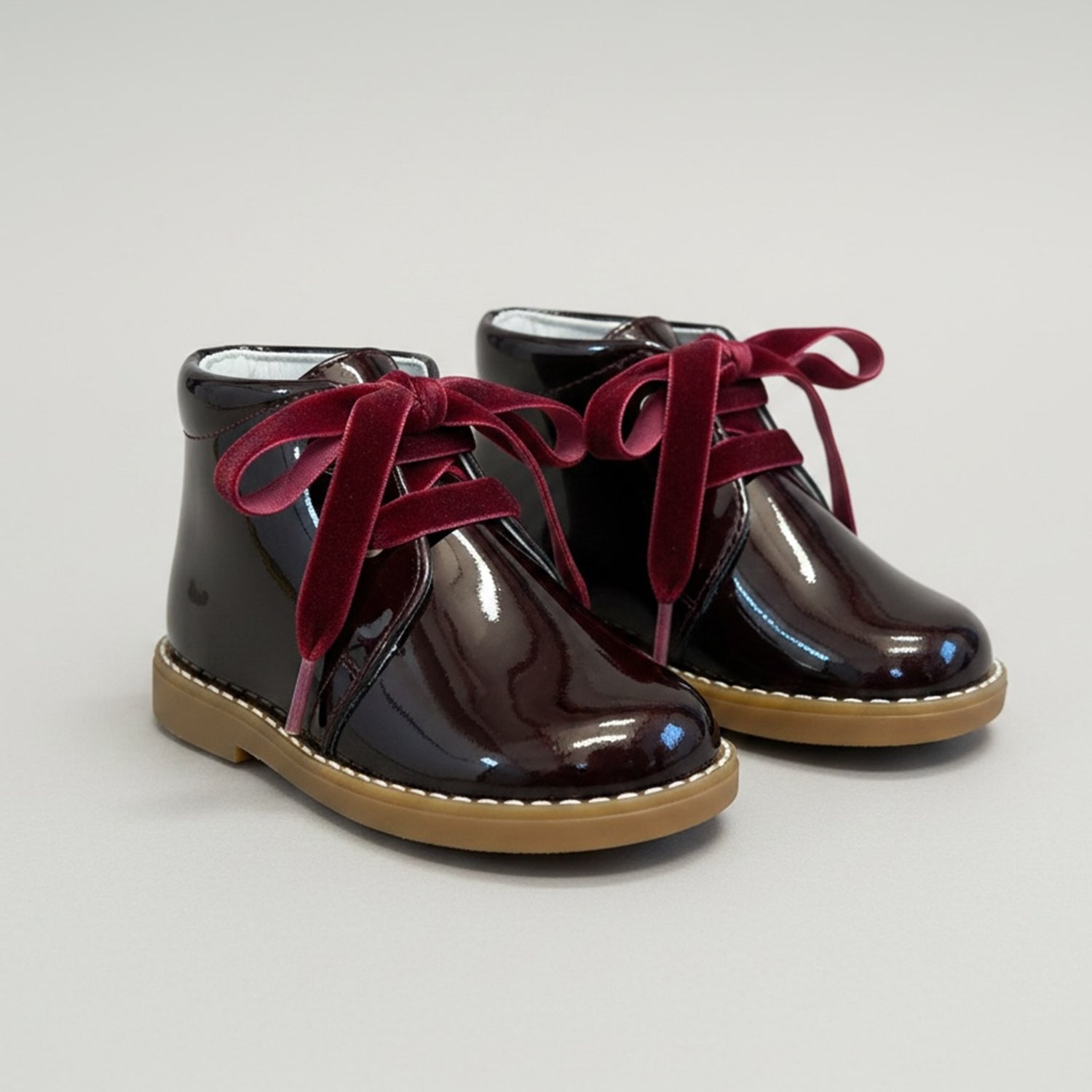 Burgundy Patent Leather Velvet Lace Ankle Boot