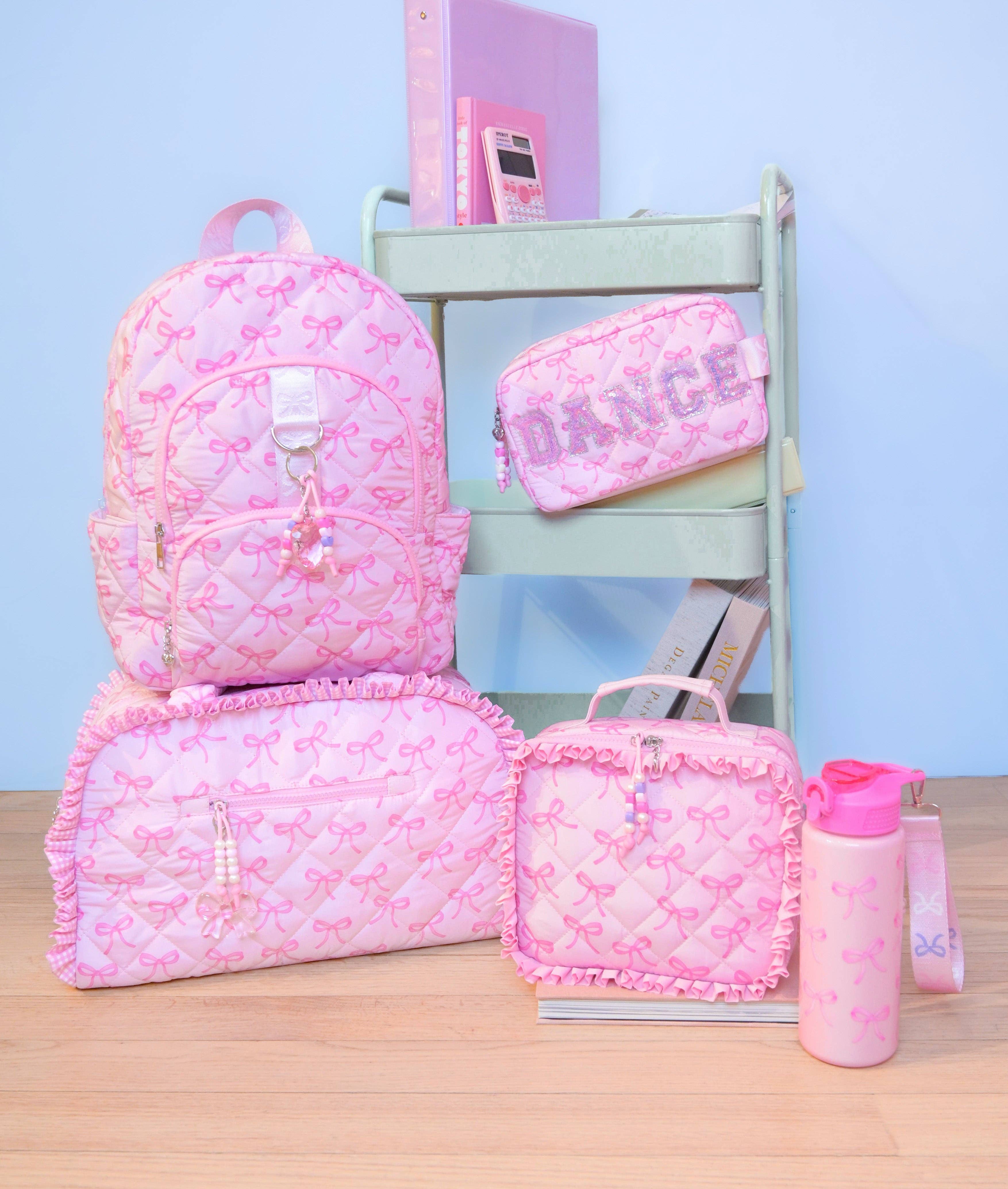 Bow Printed Quilted Large Backpack with Charm